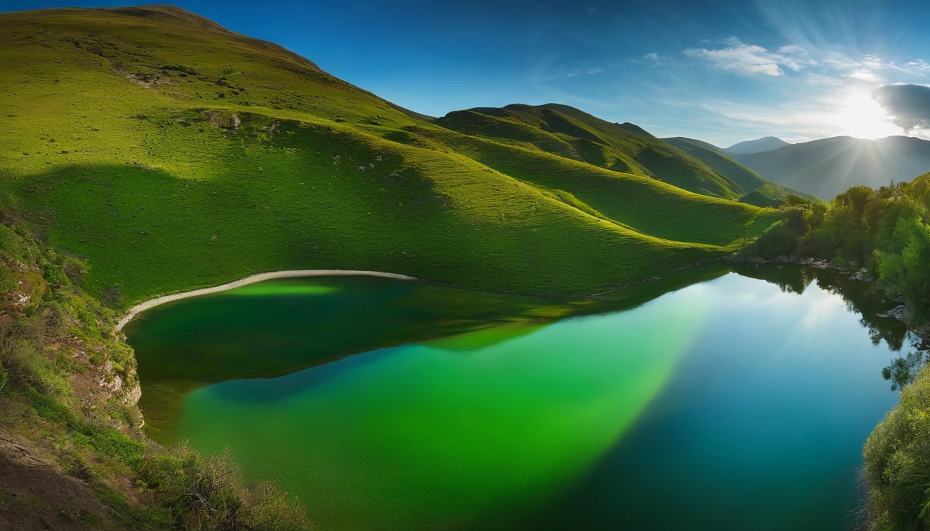 The blue sky meets the horizon and the green of the mountains, donde a esta hora empieza a desperezarse el sol ,al pie se ve un extenso poblado,
