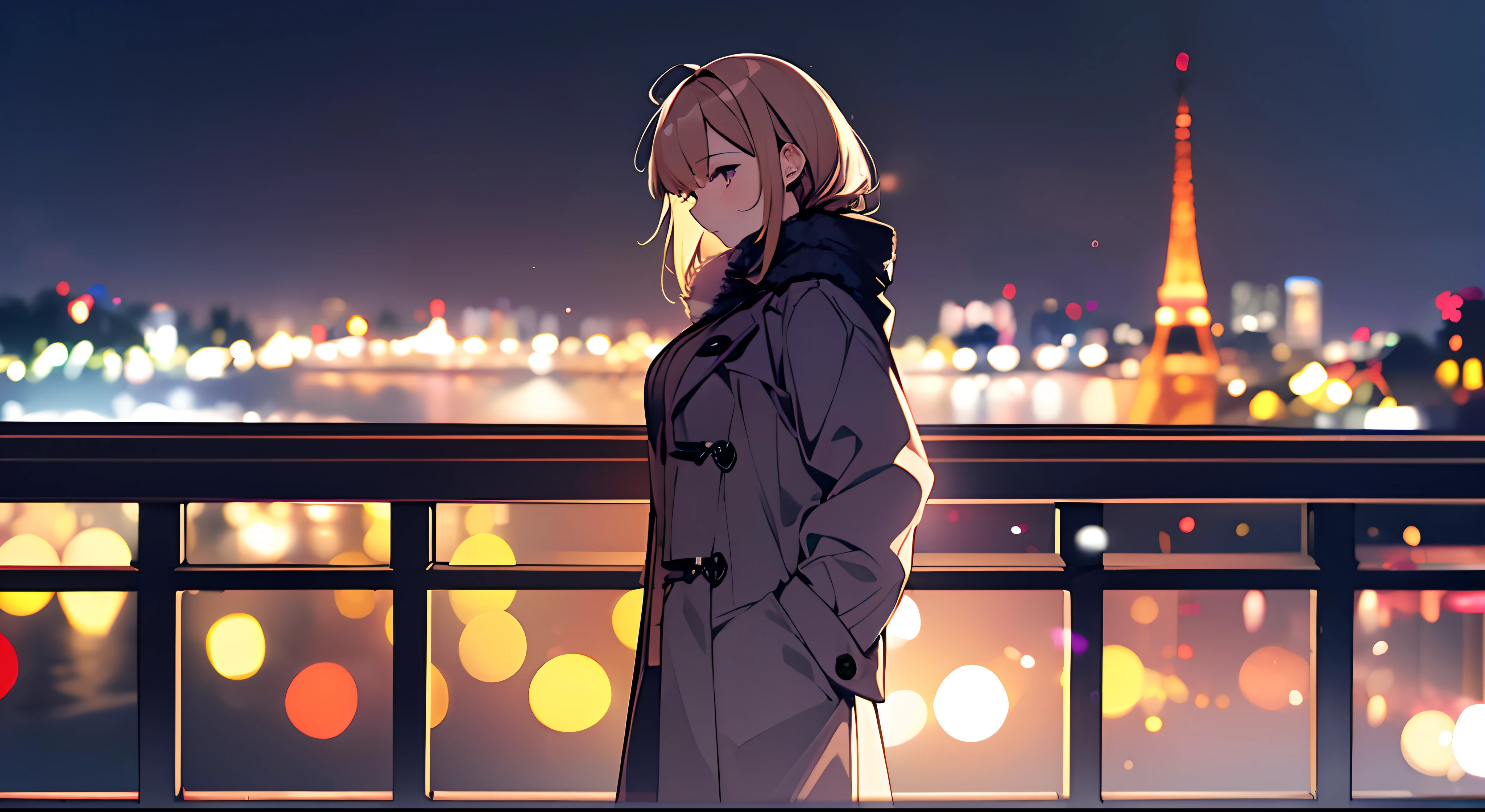 Middle aged British woman standing on bridge looking down at the edge. zori, autumnal. Volumetric Lights. Cold, overcoat. (Shot at 35mm, F/1.8, Acquired ISO400 certification. Bokeh, Shallow depth of field.)