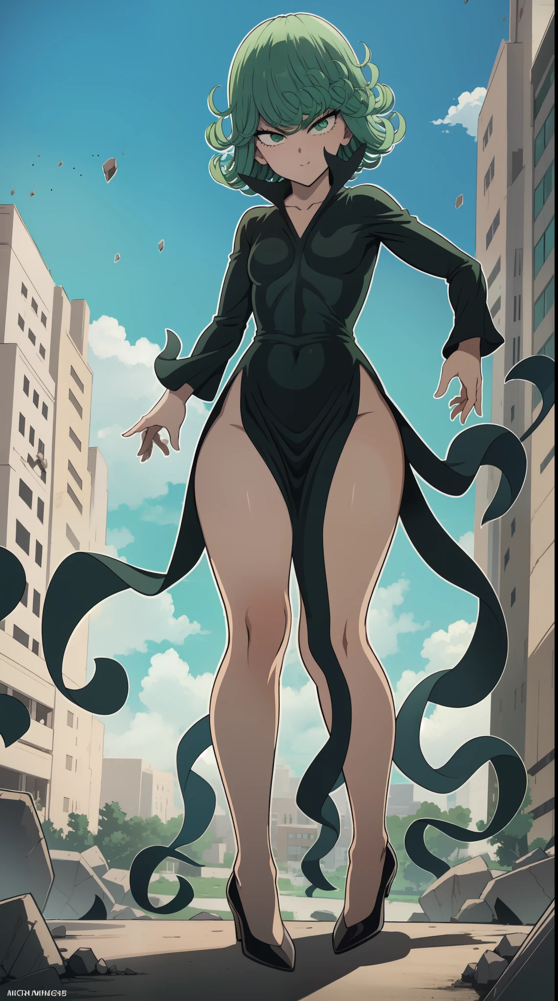 Tatsumaki from one punch man, short green hair, green eyes, Small chest, wearing fitting V-neck black dress, heels, full body view, smiling, standing in a destroyed city, dynamic pose, dynamic view,