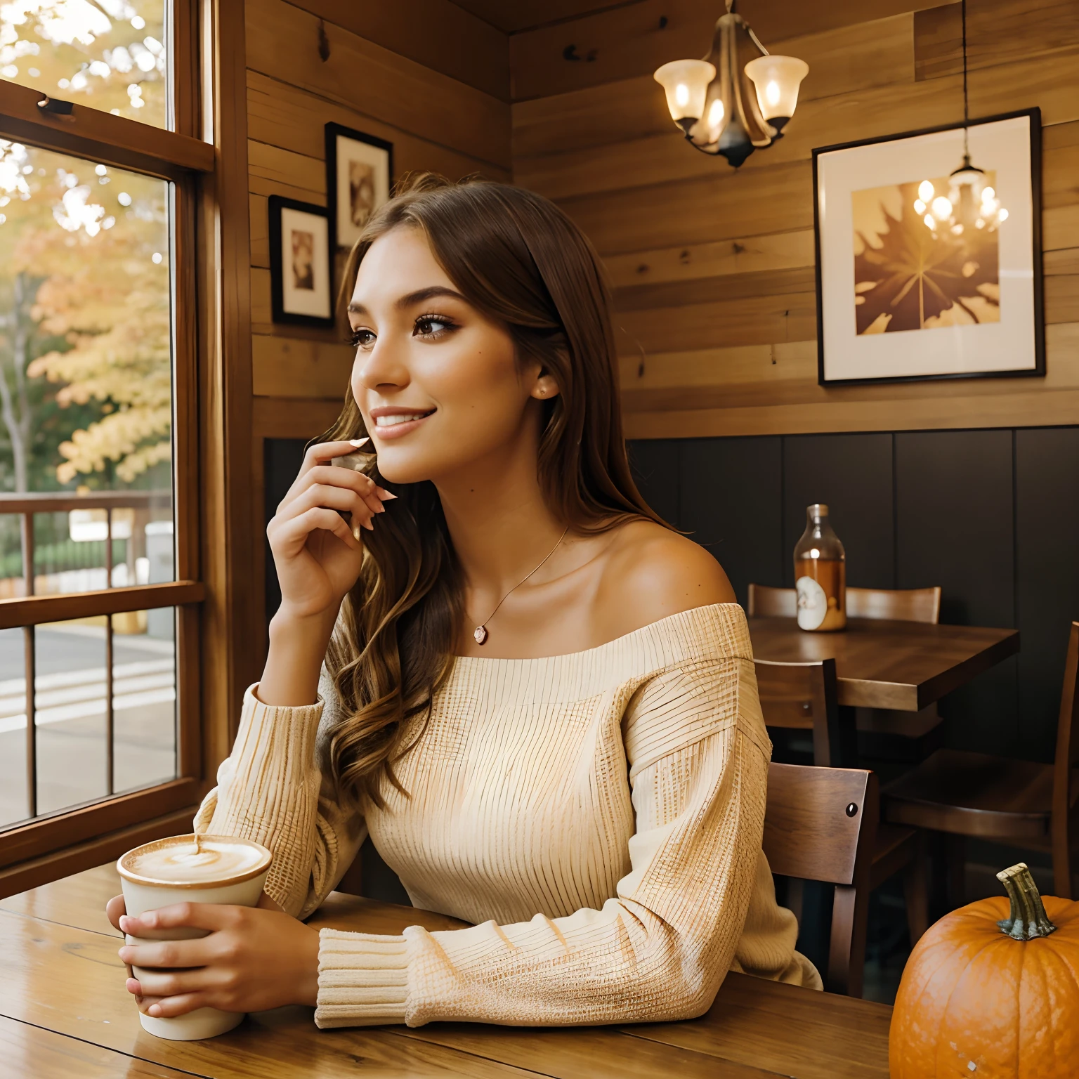 Generate captivating photographs of Autumn, the enchanting influencer, as she indulges in the seasonal delight of a pumpkin spice latte. Autumn, in her mid-20s, stands around 5'4" tall, with long, wavy chestnut hair gracefully draping over her shoulders. Her athletic hourglass figure, elegantly accentuated by a full bust, pairs beautifully with her flawless, sun-kissed tan. Autumn's expressive brown eyes radiate charisma, mirroring her relaxed and confident demeanor.
Autumn's cozy chic ensemble perfectly captures the essence of the season. She wears an alluring off-the-shoulder sweater in an inviting color, showcasing her neckline and collarbone. Paired with snug-fitting, high-waisted jeans, this ensemble highlights her figure with sophistication.
The charming, rustic coffee shop setting immerses Autumn in the warmth of fall, adorned with autumnal decor that enhances the cozy ambiance. Soft, diffused lighting envelops her in a golden glow, creating an inviting atmosphere. The surroundings include cozy seating, rustic wooden tables, and the rich aroma of freshly brewed coffee, all capturing the essence of Autumn's delightful pumpkin spice latte experience.
In candid moments, Autumn enjoys her latte, lost in thought while gazing out of the window or sharing a bright smile. The photos capture the coziness and tranquility of the coffee shop, reflecting the simple joy of sipping a warm, whipped cream and cinnamon-topped beverage. Natural lighting enhances the inviting atmosphere, bringing to life the essence of Autumn's heartwarming coffee moments.
With intense makeup, a cozy atmosphere, and features that are meticulously symmetrical, the photos embrace photorealistic techniques like path tracing, specular lighting, volumetric face light, path-traced hair, visible shadows, and intricate details. This creates an elaborate and hyper-realistic portrayal of Autumn's heartwarming pumpkin spice latte moments.