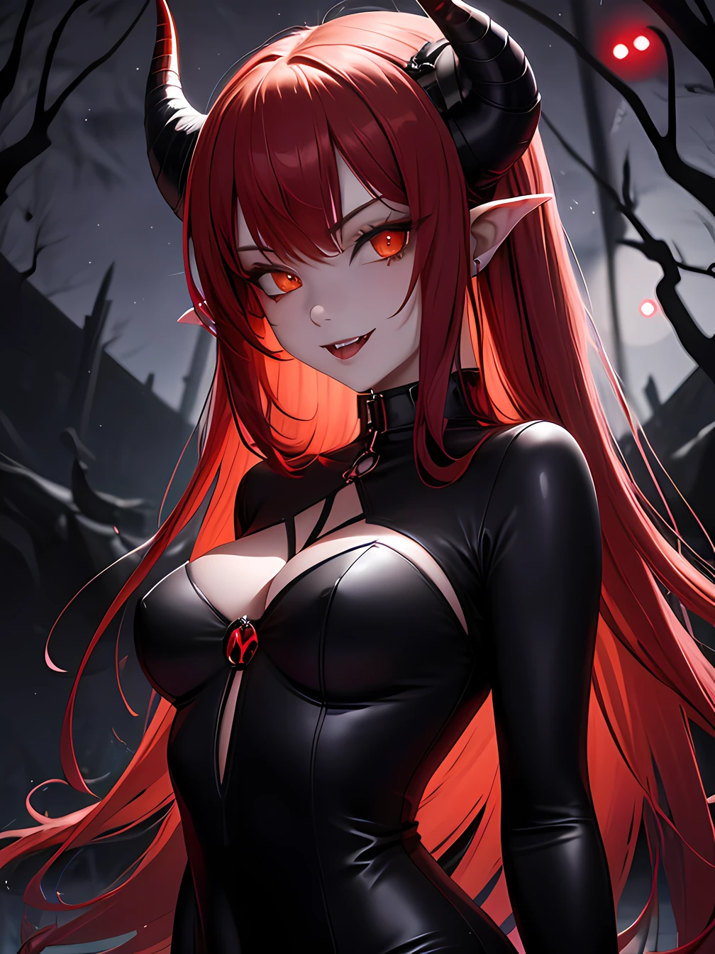 masterpiece, best quality, 1 girl, red hair, orange eyes, glowing eyes, horns, demon girl, succubus, eyeliner, fangs, evil smile, dark atmosphere, spooky, (night:1.6), spooky, deep woods, (cowboy shot:1.2)