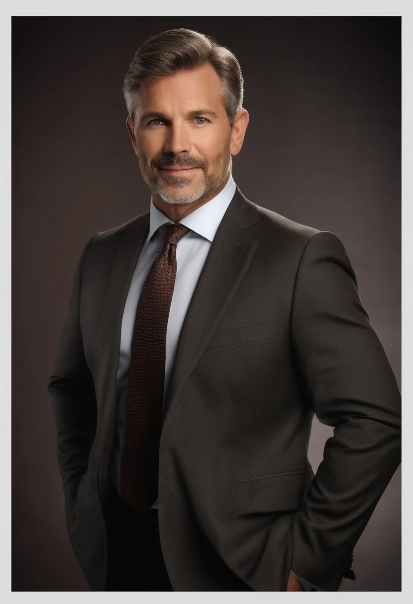 realistic portrait of middle-aged business professional, 110 pounds weight, professionally dressed in a suit and tie, high-quality, highest resolution, straighter looking, professional, beautiful detailed eyes slightly brownish, beautiful detailed lips, short beard, graying short hair, kind expression, warm smile, distinguished look, equal lighting, subdued colors, canvas medium, ultra-detailed texture,masterpiece:1.2