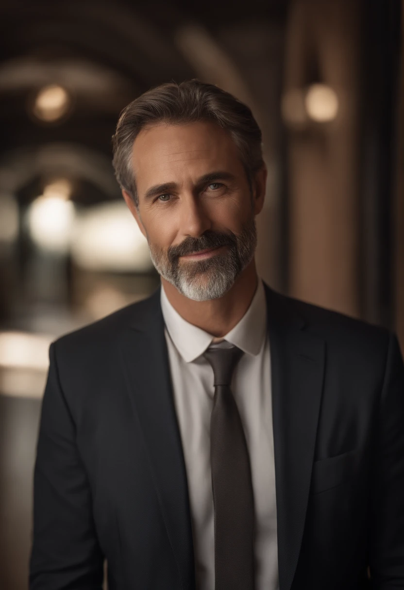 realistic portrait of middle-aged business professional, 110 pounds weight, professionally dressed in a suit and tie, high-quality, highest resolution, straighter looking, professional, beautiful detailed eyes slightly brownish, beautiful detailed lips, short beard, graying short hair, kind expression, warm smile, distinguished look, equal lighting, subdued colors, canvas medium, ultra-detailed texture,masterpiece:1.2