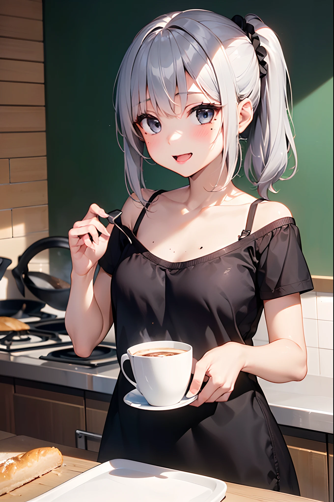 short hair,Uniform hair length,Hair color: Ash gray,The ends of my hair are curly,Barista,mode,Long sleeve,Black clothes,V-neck,Cool Beauty,Adult women,A slight smile on your lips,A mole under the left lip,Stylish cafe,Arched, kind-looking thin eyebrows,1 female,Having a Coffee Pot,highest quality,Her bangs are angled to hide her forehead,One silver bracelet on the right wrist,coffee,Simple clothing,Espresso machine in the background