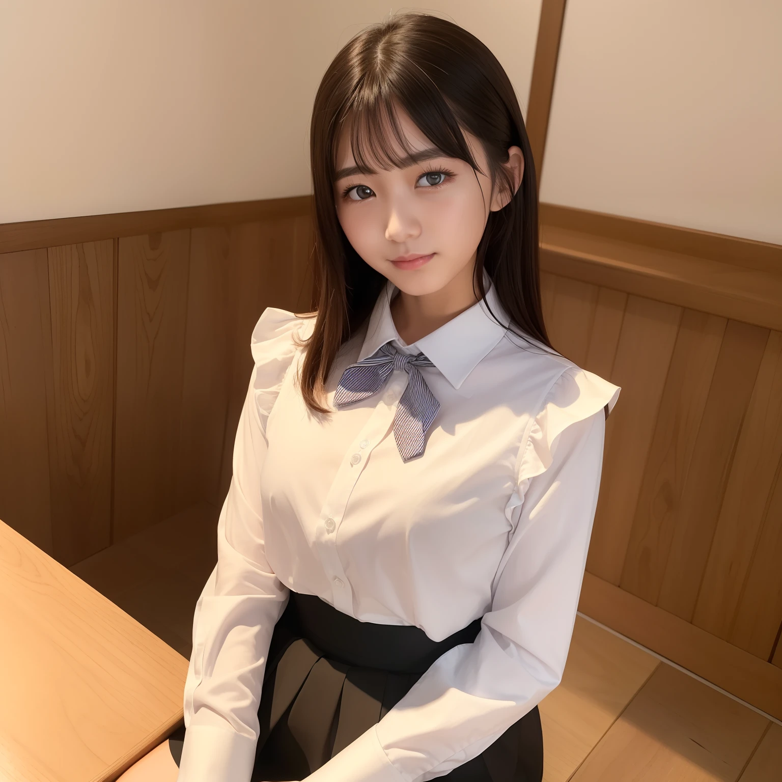 (8k、RAW Photography、top-quality、​masterpiece:1.2)、(realisitic、Photorealsitic:1.37)、ultra-detailliert、1girl in、cute little、独奏、Beautiful detailed sky、Detailed Coffee、natta、sitting on、(Flushed nose)、(a smile:1.1)、(Keep your mouth shut)、medium chest、beautiful finely detailed eyes、(shirt with collar:1.1)、a bow tie、skirt by the、(shorth hair:1.2)、length hair、
