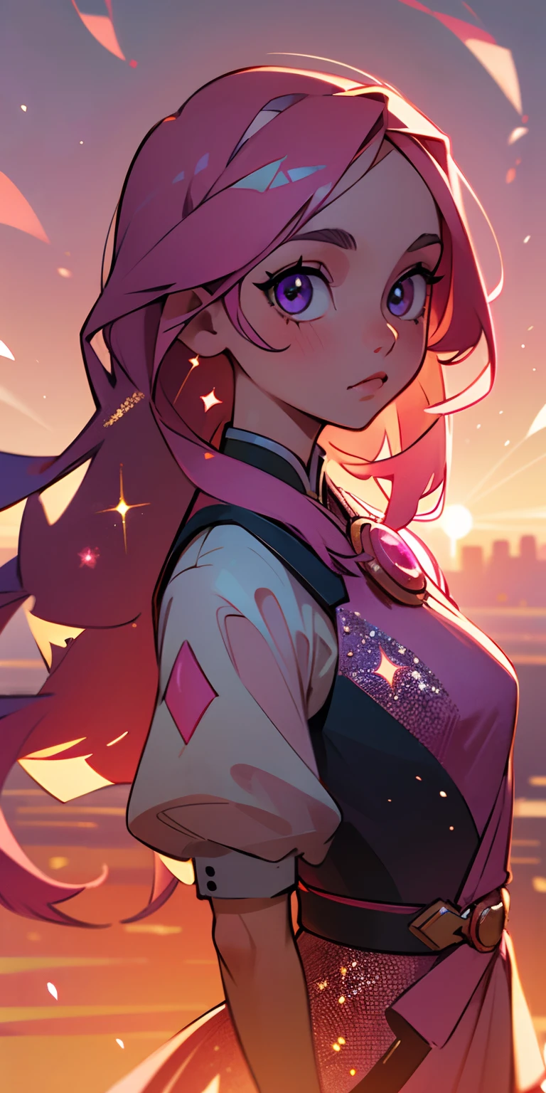 (best quality, masterpiece), 8k, 25 years old, 1girl, sakura , glitter, dress, particle, beatiful ultra-detailed eyes, sunset, upper body, looking at viewer, pink long hair