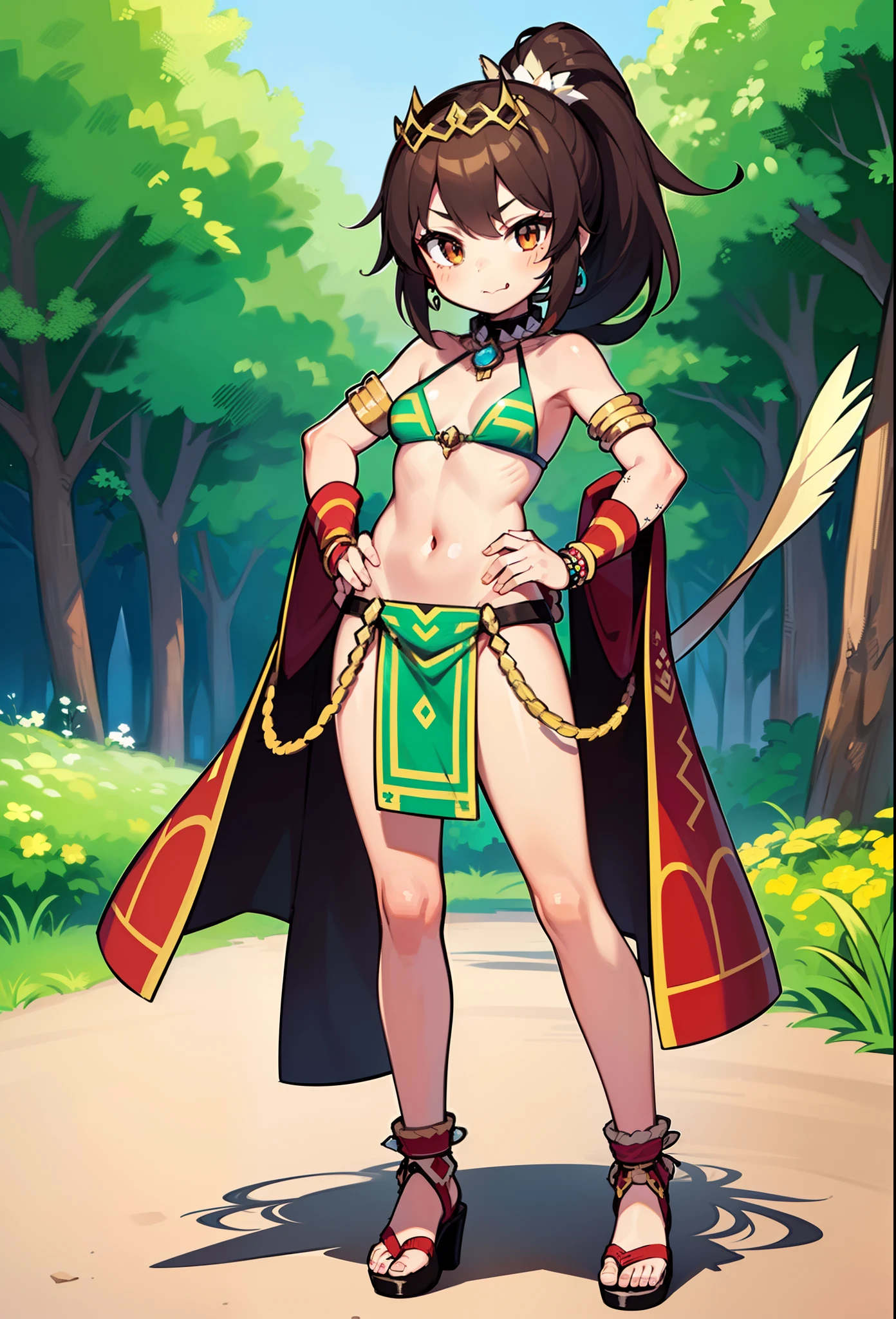 ((1 girl, young, tanned skin, small breasts, brown spiky hair, clear brown eyes, small spiky ponytail, tribal warrior, tribal armor, tribal clothes, tribal loincloth, tribal bra, tribal shoulder pad, tribal tiara, forest, clear sky, high quality, skinny, masterpiece, detailed body, detailed face, detailed eyes, glistering body, shiny body, :), sassy face, full body, tribal sandals, standing))