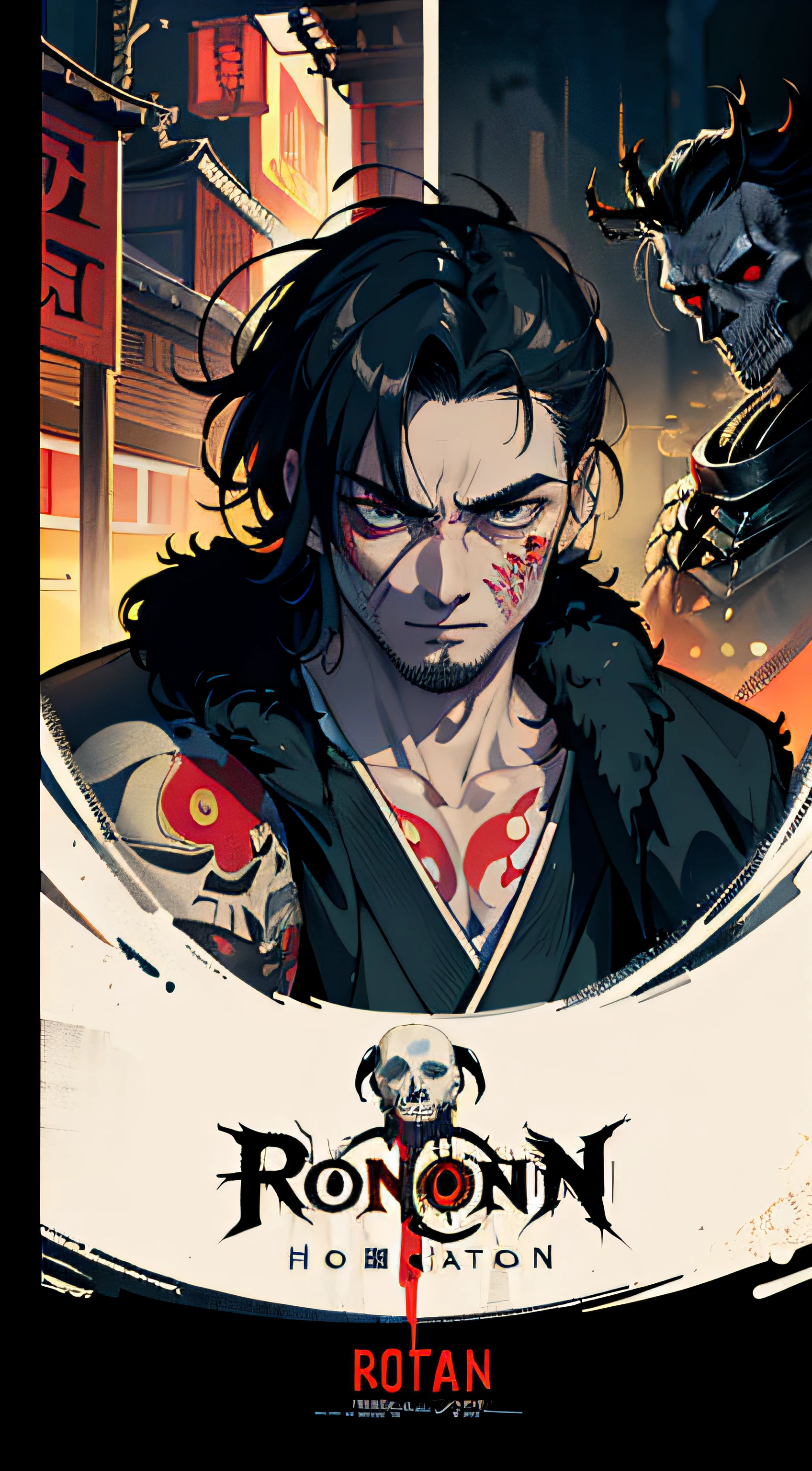 Movie Poster, horror Movies,Movie Based Foundation (((man))), (((masterpiece))), (((AS-Adult))), ((( Japanese ))), zombie ronin, ((( Asian))), katana, rotting flesh, skull, Simon Bisley, For high-resolution movie posters, hair straight, tribal tattoos, Japan