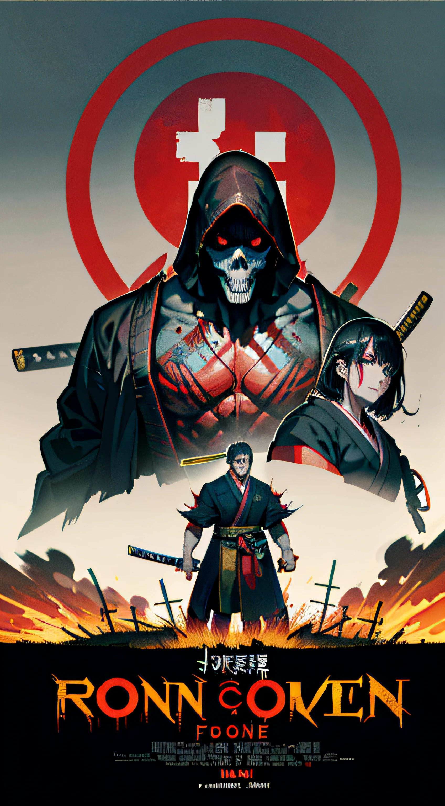 Movie Poster, horror Movies,Movie Based Foundation (((man))), (((masterpiece))), (((AS-Adult))), ((( Japanese ))), zombie ronin, ((( Asian))), katana, rotting flesh, skull, Simon Bisley, For high-resolution movie posters, hair straight, tribal tattoos, Japan