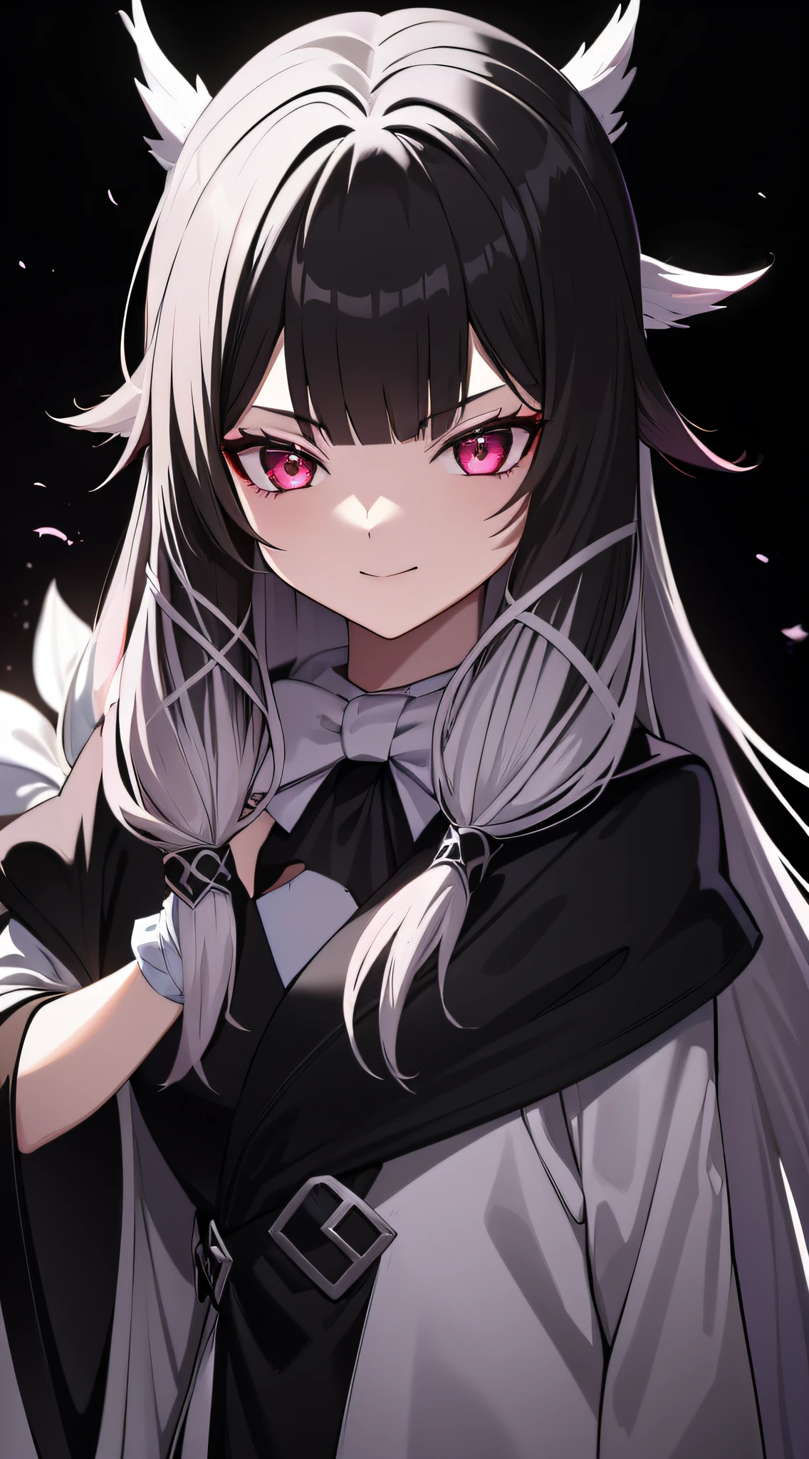 1 girl, white hair(long hair)(tied), black-silver eyes(detailed eyes), wear a black robe, (looking at the audience with a smug face), beautiful hand (black gloves) (perfect fingers)