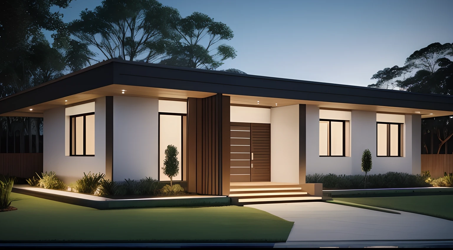 casa grande no meio da floresta,((estilo moderno)) Front view, campo gramado, night ligthning, super detalhada, Lumion Pro rendering, cinematic rendering