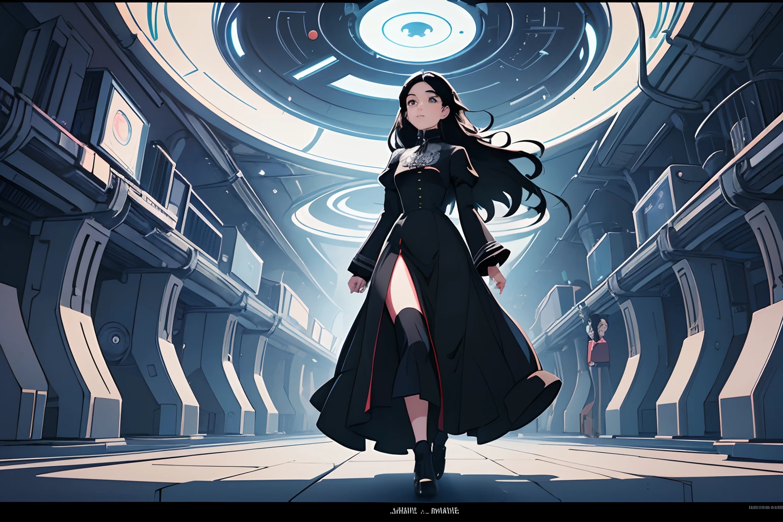 beautiful and asethetic, masterpiece, movie poster, best quality, drawing of a of a wide shot of a friendly long black haired woman with a high collared black long sleeved victorian dress, walking curiously through a sci-fi space station corridor, dynamic pose, abstract, by james jean style, fantastical elements