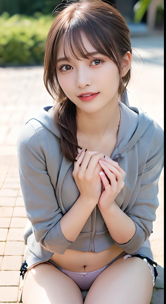 masutepiece, Best Quality,
Ultra-detailed, finely detail, hight resolution, in 8K,
((Photorealsitic:1.4, Raw photography, 超A high resolution,Top image quality: 1.4)),
Wallpaper,
((Composition including perfect whole body)),
Beautiful detailed eyes, Natural Color Lip,
((a serene smile:1.5)),
((Random and cute hairstyles)),
((Random and cute poses)),
((Colossal tits、cleavage of the breast:1.2)),
((Chest opens、Hide with both hands:1.5)),
((Gray zip-up hoodie only:1.5)),
((breastsout、under look eyes、Mole on the arm:0.9)),
((from the front side)),
((Random blurry background)),
((toppless)),,
((Lean forward with your chest between your arms))
very detailed and professional lighting、
((Random and cute facial expressions:1.5))、
((thigh visible、I can see panties:1.5))