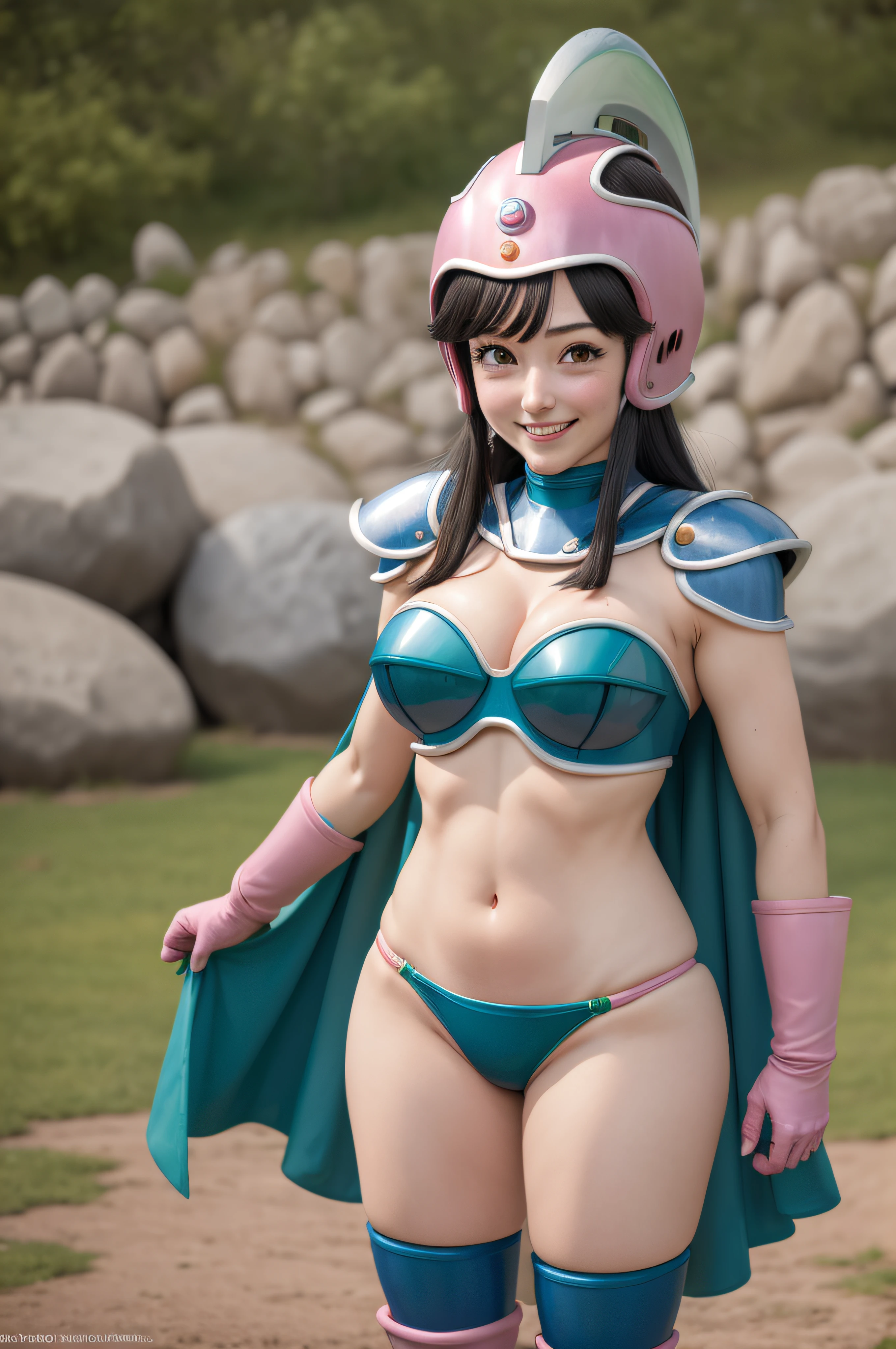 masterpiece, best quality, highres, dragon ball, aachichi, long hair, helmet, pink headwear, black eyes, large breasts, shoulder armor, bikini armor, green cape, pink gloves, navel, groin, embarrassed, standing, blush, smile, outdoors