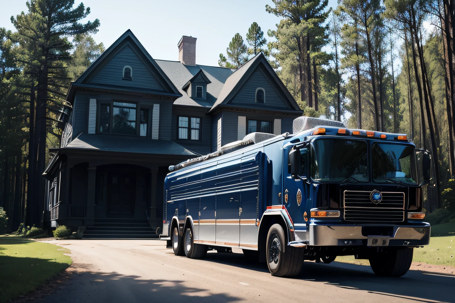 Blue and black firetruck near a big house in the woods, big firetruck, black and blue firetruck, dirt road, Big mansion behind truck, sideview