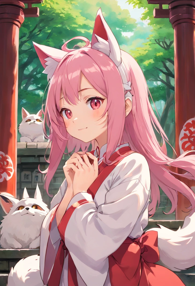 shrine maiden jpn Fox shrines Mask Naughty Poses cute little tits out friendly Pink hair