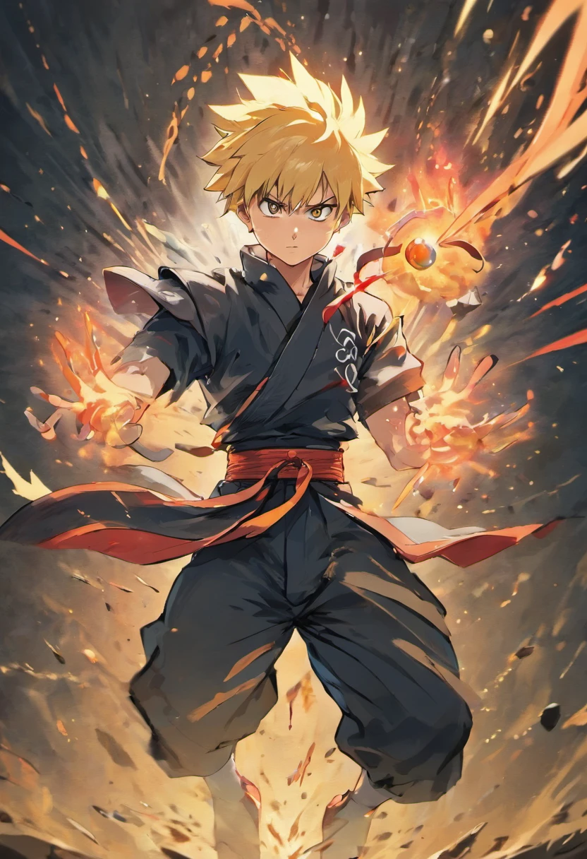 Masterpiece, 8K High Quality, Best Quality Poster, Wallpaper, Male, Genos from one punch man, Diffused Sunlight, Detailed, Vibrant Colors, Breath-taking Movie Poster Composition, Ultra Detailed, Looking at The Viewers, Digital Art, Illustration, Masashi Kishimoto’s Inspired, Legendary, Power, Good Proportion, Accurate Anatomy, Perfect Anatomy, Perfect Hands, Cinematic Lighting, Intense Shadows, Elegance, Senku Ishigami, Naruto Uzumaki, Manga-Anime Art, Bright Colours, Extremely Handsome Detailed Anime Face and Eyes, Full-Body, Character Design, Wide Shot, Forest, Sharp Image, Cinematic Angle, 3-Point Perspective, Action-Packed, Dynamic, Solo-Character, 1 Character, Floating Hair, Dynamic Pose, Ninja Pose, Jumping Pose, Solo Focus, Centered, Scale to Fit Dimensions, Hyper Super Ultra Perfect Piece, Flawless, High-Contrast, Double Exposure, Scientific Background, Science, Science Backstory, Ninja Shinobi Aesthetic, Jet-Black Hair, Spiky Hair, Reminiscent of Traditional Shinobi Styles, Short Hair with a Few Longer Strands Framing his Forehead, Slightly Unkempt Look, Sleek Black Shinobi Robe with Red Marking of Chemical Symbols, Scientific Prowess, Clothing Adorned with Pockets and Compartments to Store Various Scientific-Ninja Tools, Senku’s Forehead Protector would Feature a Unique Emblem Around his Forehead, Gloves Would Handle Chemicals and Ninja Tools with Precision, He'd Carry a Belt Filled with Pouches Containing Vials of Different Chemical Compounds and Scrolls Filled with Scientific Notes, A Small - Retractable Chalkboard and Chalk Would Hang From His Waist, Genius Strategist, Ninjutsu Tools, Stealth and Infiltration, Mid-Battle, Surrounded by Swirling Chemical Reactions and An Array of Vials and Scrolls Floating Around Him, Performing a Powerful "Chemical Explosion Jutsu," with His Arms Outstretched as Fiery Explosions Erupt From His Fingertips, This Would Perfectly Encapsulate His Unique Blend of Science and Shinobi Prowess.