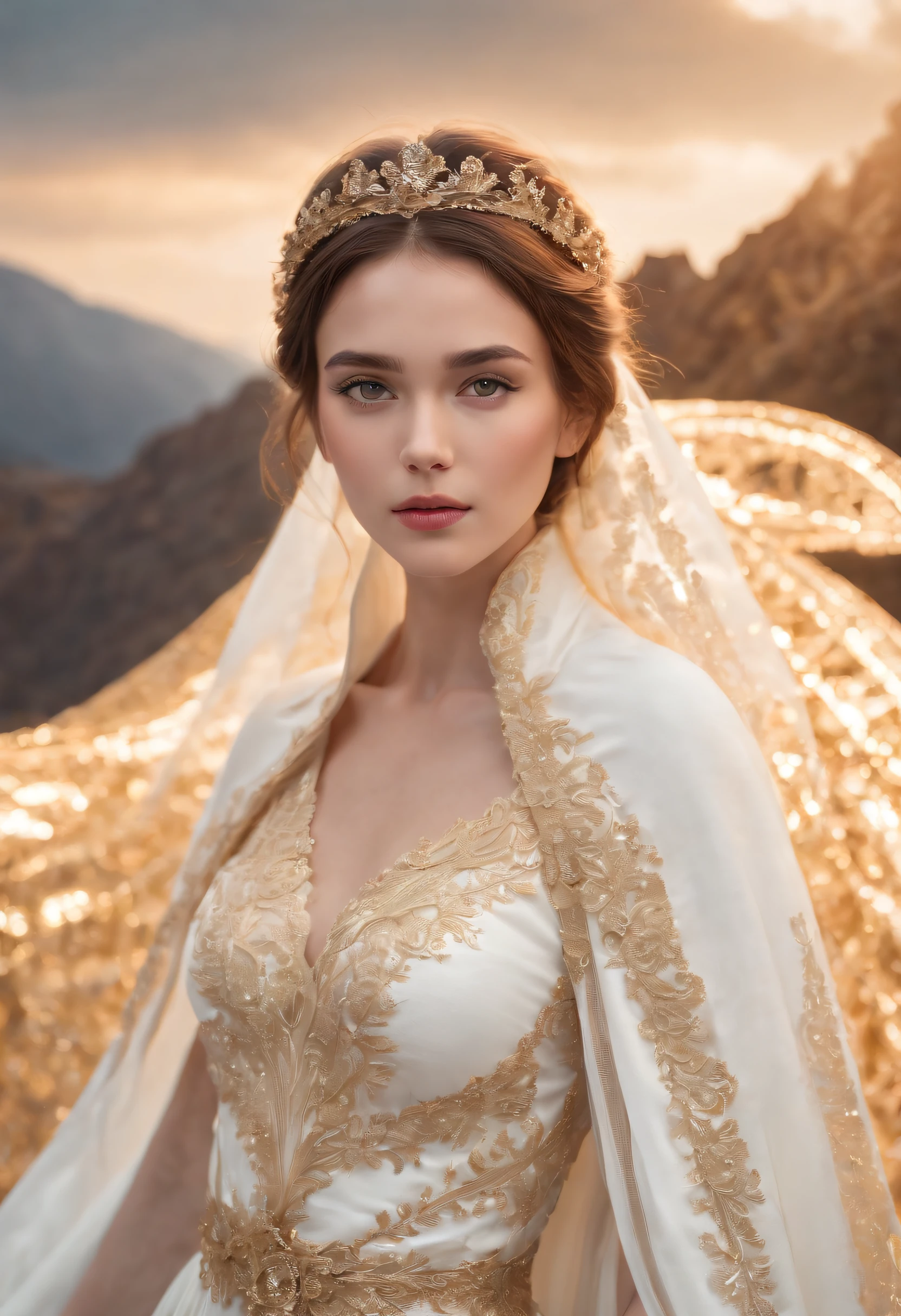 (masterpiece, top quality, best quality, official art, beautiful and aesthetic:1.2), (1girl), extreme detailed eyes, (fractal art:1.3), colorful, highest detailed, (perfect face), shiny skin, HDR, (white cloak golden lines:1.2), galaxy, (light streaks), striking visuals, (dynamic streaks, luminous trails:1.2), vibrant colors, (phoenix), (dragon)