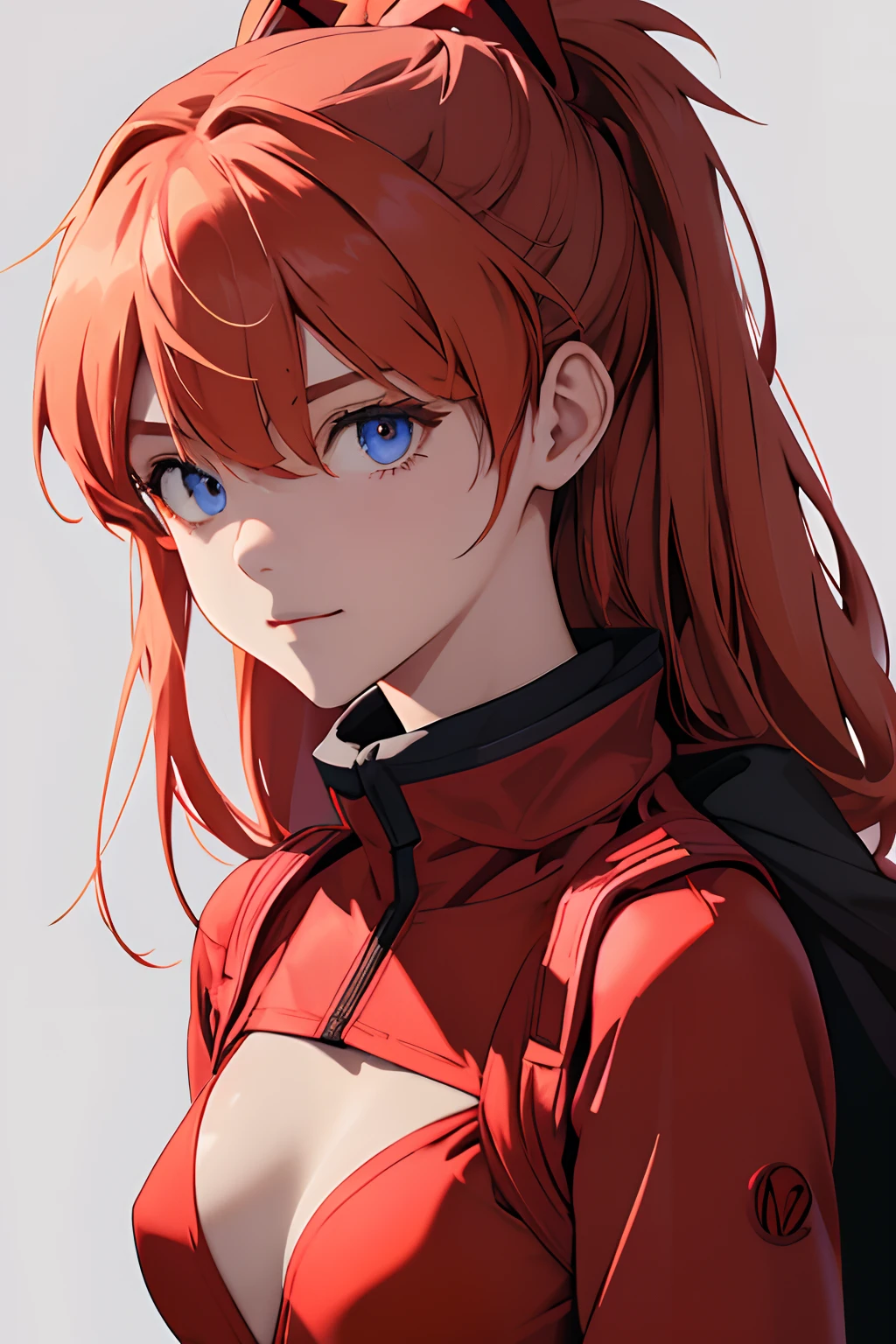 1girll, Beautiful body, souryuu_asuka_langley, Manteau, red leotard, hair between eye, Strong contrast between light and shadow，sideface，ssmile