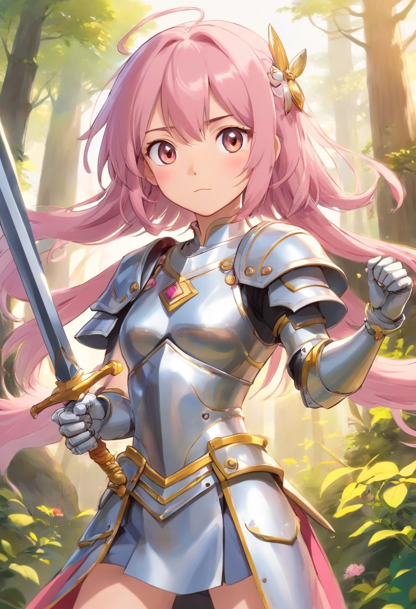 The brave long Silver and golden armor Legendary Sword Naughty Poses cute little tits out friendly Pink hair