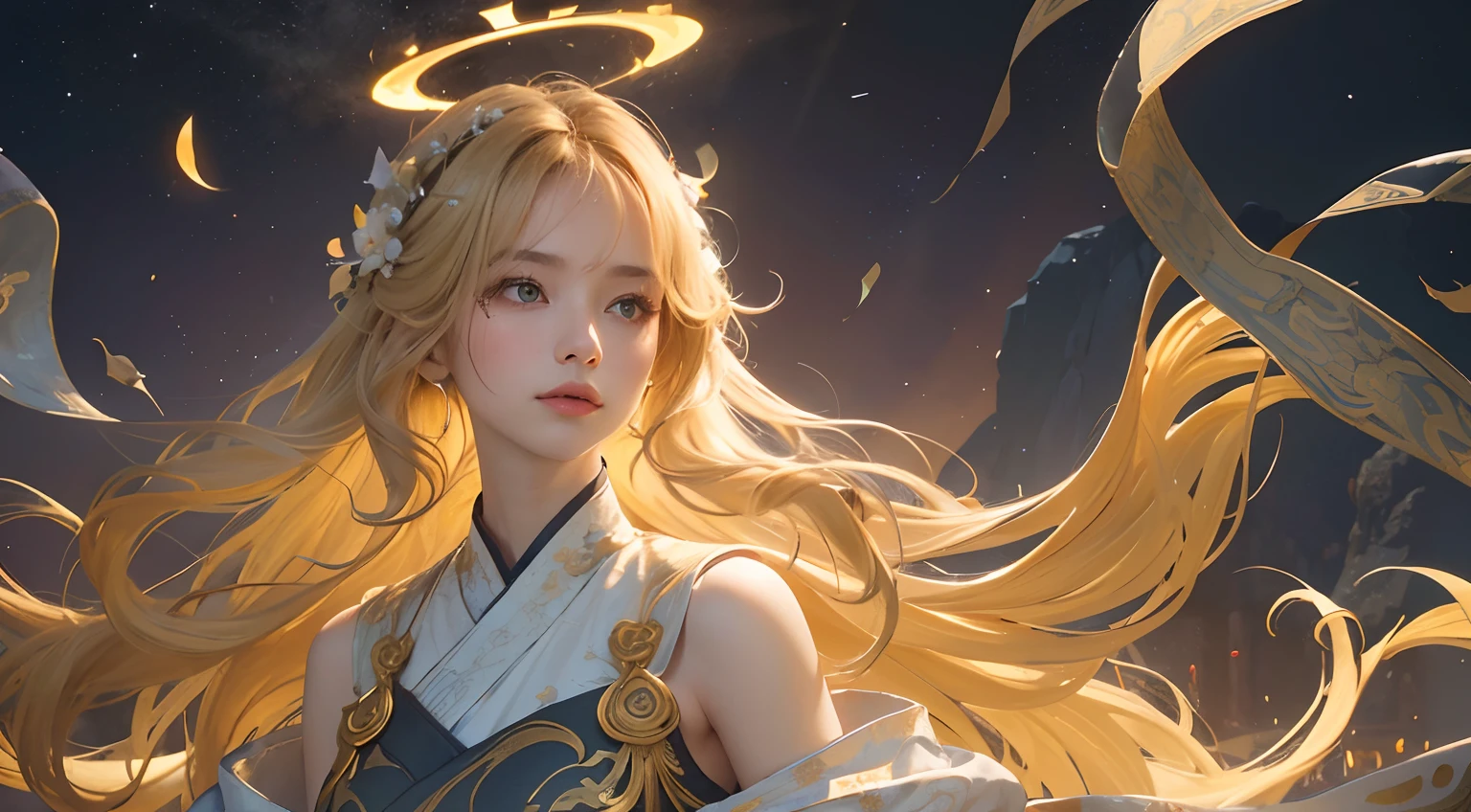 (best quality,4k,8k,highres,masterpiece:1.2),ultra-detailed,(realistic,photorealistic,photo-realistic:1.37),(HDR,UHD),(studio lighting,sharp focus),vivid colors,bokeh,portraits,landscape

A girl with long silky golden hair stands in the center of the composition. Her hair flows down elegantly, shimmering under the sunlight. Her beautiful detailed eyes, with a hint of curiosity, shine like stars in the night sky. The delicacy of her face reflects her youthful spirit and innocence. 

She is dressed in long flowy majestic Chinese robes that gracefully float around her as if carrying the weight of ancient culture and wisdom. The robes are decorated with intricate patterns and vibrant colors, enhancing the overall beauty of the scene. 

The girl stands near the edge of a peaceful lake, surrounded by lush greenery and blooming flowers. The rim lighting creates a soft halo around her, emphasizing her presence and making her glow in the golden sunlight. The dynamic clouds in the sky add a touch of drama and movement to the scene, contrasting with the stillness of the water. 

The overall composition showcases a harmonious blend of delicate portrait and breathtaking landscape. The high-quality rendering and attention to detail bring the artwork to life, creating a realistic and immersive experience. The vivid colors and bokeh effect add depth and richness to the image, making it visually captivating.