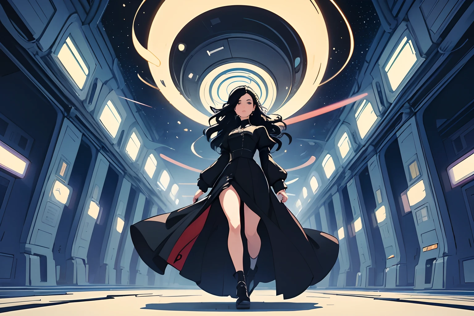 beautiful and asethetic, masterpiece, movie poster, best quality, drawing of a of a wide shot of a friendly long black haired woman with a high collared black long sleeved victorian dress, walking curiously through a sci-fi space station corridor, dynamic pose, abstract, by james jean style, fantastical elements