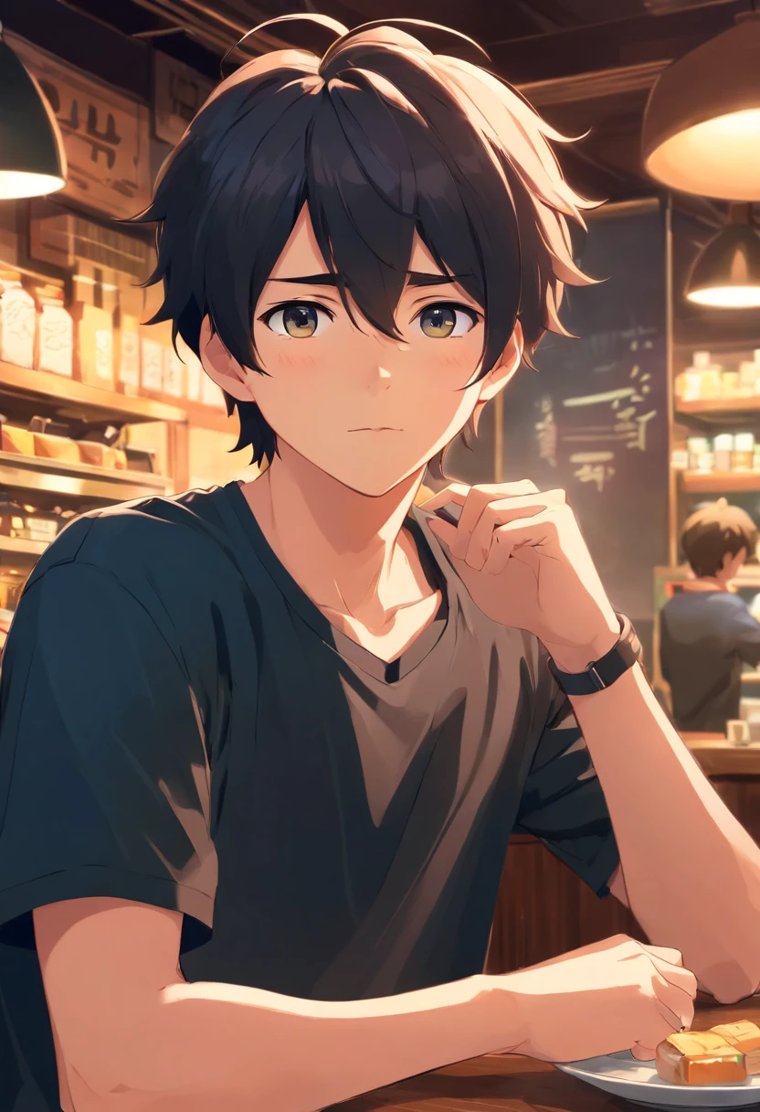 Black shirt,Handsome boy,Cafe