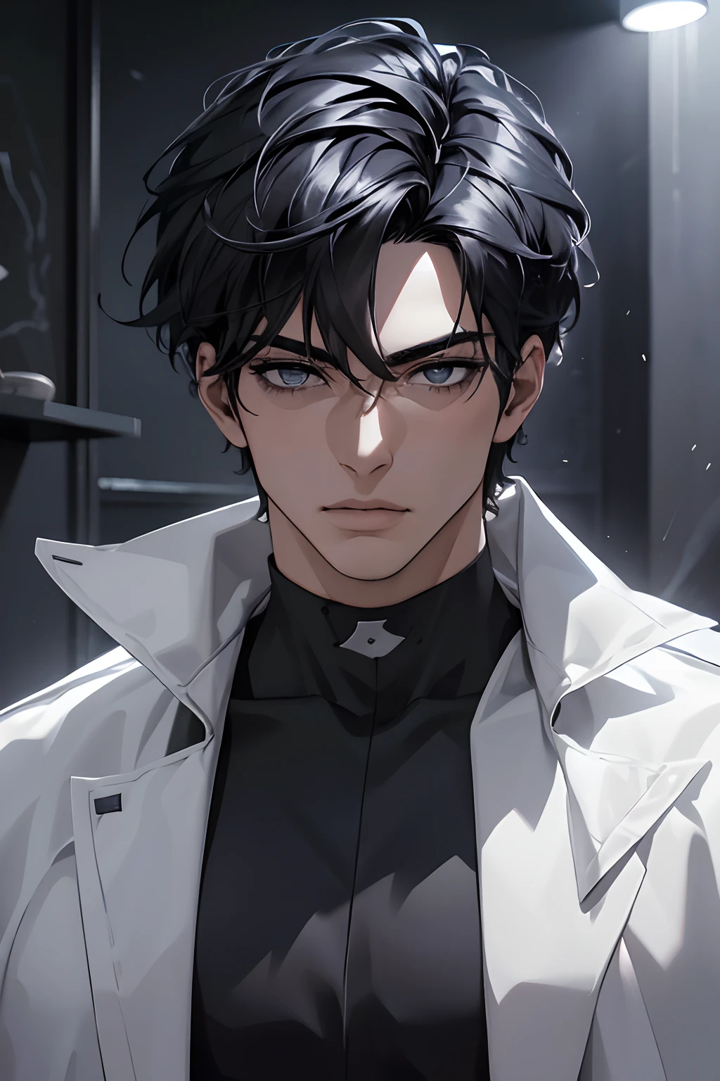 "(La mejor calidad,4k,8k,Altas Resoluciones,obra maestra:1.2),ultra detallado,(realista,fotorrealista,fotorrealista:1.37), Manhwa Art European 25 years old man, piel de marfil, Cabello desordenado cabello negro azabache, penetrantes ojos, Iris gris, Llevar abrigo negro con el logotipo de craneo demoniaco, razor-sharp jawline, mirada penetrante, Cold and mysterious character, cuerpo completo, cuerpo Atletico, inside a lighted room, daylight, recostado en una cama, durmiendo, descansando, 8k, Detailed features, muy guapo, Dreamy look on his face, bright illumination, fondo borroso