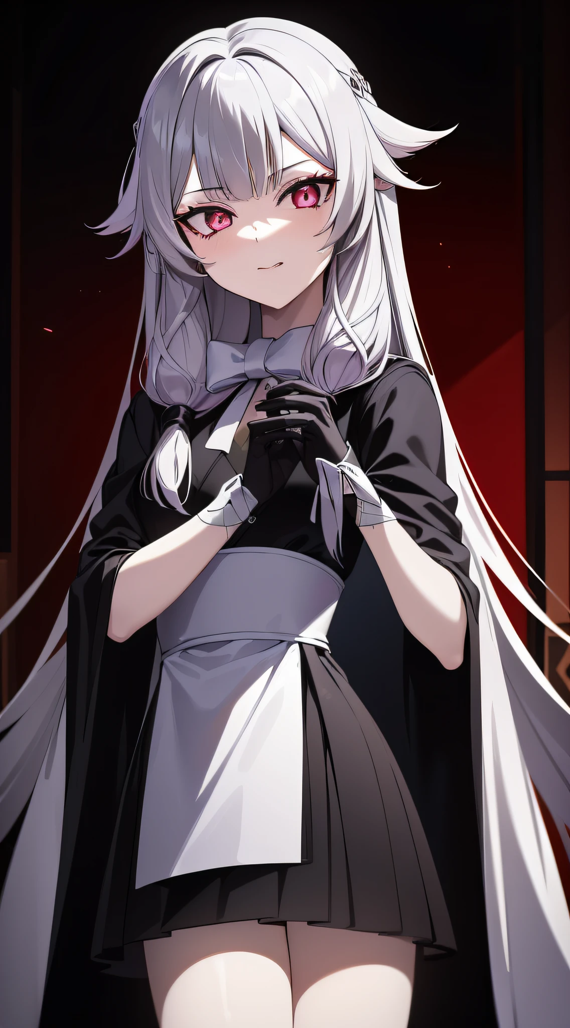 1 girl, white hair(long hair)(tied), black-silver eyes(detailed eyes), wear a black robe, (looking at the audience with a smug face), beautiful hand (black gloves) (perfect fingers), ( hair accessories)