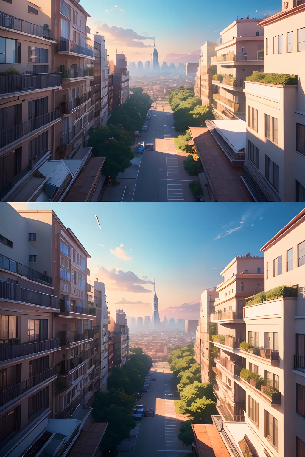 Aa lively animated landscape from a balcony, with vibrant colors, anime-style textures, and intricate details. (best quality,4k,8k,highres,masterpiece:1.2),ultra-detailed,(realistic,photorealistic,photo-realistic:1.37), portraits, landscape, vivid colors, anime-style textures, bustling city, lively atmosphere, artistically detailed buildings, lush greenery, unique architectural structures, clear blue sky, sunset lighting.