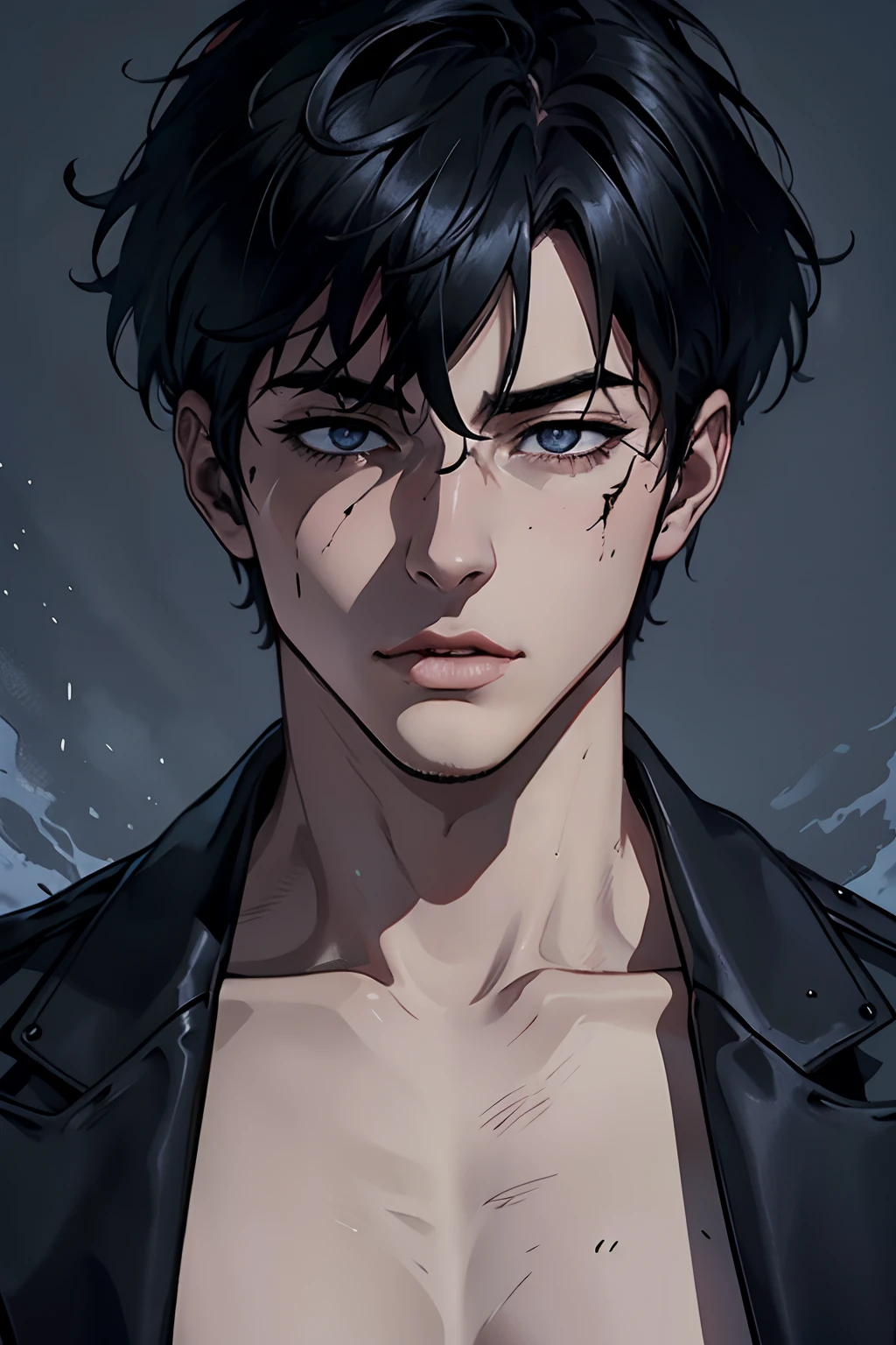 Manhwa Arte Europeo, 25 years old man, Pelo desordenado de la cabecera, Cabello negro azabache, ojos penetrantes, cejas gruesas, Llevar disfraz de vampiro, ojos amarillos, orejas punteagudas, colmillos salientes de su boca, sangre resbalando de su boca, amenazante, sexy, sensual,  razor-sharp jawline, mirada penetrante, Cold and mysterious character, 8k, Detailed features, muy guapo