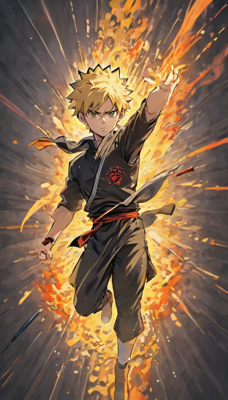Masterpiece, 8K High Quality, Best Quality Poster, Wallpaper, Male, Genos from one punch man, Diffused Sunlight, Detailed, Vibrant Colors, Breath-taking Movie Poster Composition, Ultra Detailed, Looking at The Viewers, Digital Art, Illustration, Masashi Kishimoto’s Inspired, Legendary, Power, Good Proportion, Accurate Anatomy, Perfect Anatomy, Perfect Hands, Cinematic Lighting, Intense Shadows, Elegance, Senku Ishigami, Naruto Uzumaki, Manga-Anime Art, Bright Colours, Extremely Handsome Detailed Anime Face and Eyes, Full-Body, Character Design, Wide Shot, Forest, Sharp Image, Cinematic Angle, 3-Point Perspective, Action-Packed, Dynamic, Solo-Character, 1 Character, Floating Hair, Dynamic Pose, Ninja Pose, Jumping Pose, Solo Focus, Centered, Scale to Fit Dimensions, Hyper Super Ultra Perfect Piece, Flawless, High-Contrast, Double Exposure, Scientific Background, Science, Science Backstory, Ninja Shinobi Aesthetic, Jet-Black Hair, Spiky Hair, Reminiscent of Traditional Shinobi Styles, Short Hair with a Few Longer Strands Framing his Forehead, Slightly Unkempt Look, Sleek Black Shinobi Robe with Red Marking of Chemical Symbols, Scientific Prowess, Clothing Adorned with Pockets and Compartments to Store Various Scientific-Ninja Tools, Senku’s Forehead Protector would Feature a Unique Emblem Around his Forehead, Gloves Would Handle Chemicals and Ninja Tools with Precision, He'd Carry a Belt Filled with Pouches Containing Vials of Different Chemical Compounds and Scrolls Filled with Scientific Notes, A Small - Retractable Chalkboard and Chalk Would Hang From His Waist, Genius Strategist, Ninjutsu Tools, Stealth and Infiltration, Mid-Battle, Surrounded by Swirling Chemical Reactions and An Array of Vials and Scrolls Floating Around Him, Performing a Powerful "Chemical Explosion Jutsu," with His Arms Outstretched as Fiery Explosions Erupt From His Fingertips, This Would Perfectly Encapsulate His Unique Blend of Science and Shinobi Prowess.