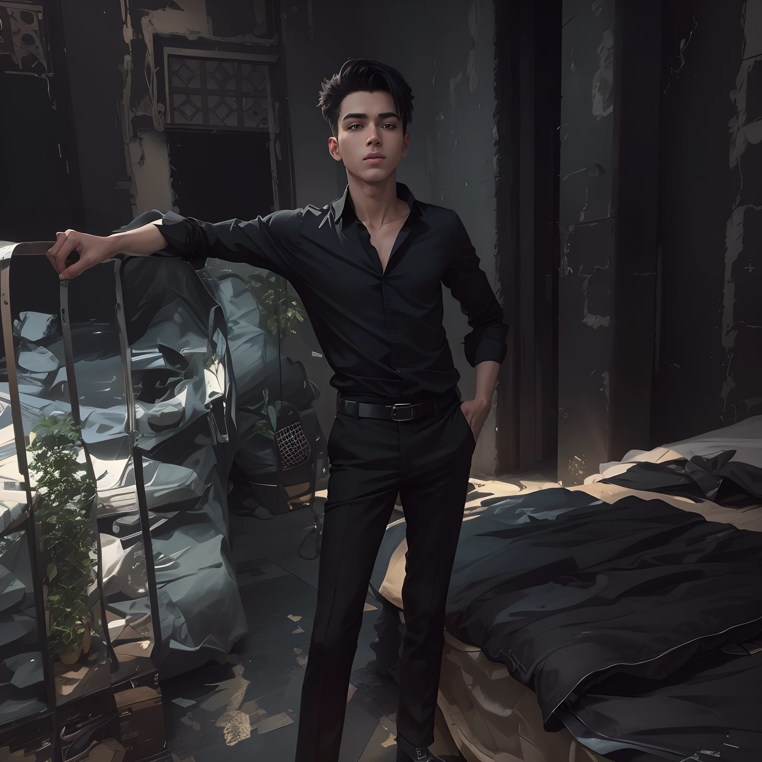 A solo boy, handsome boy, stylish boy, Smart boy, cool hair, black shirt, normal body, change background into a hotel, change wall in background, realistic look, 8k quality, realistic, 4k quality, 8k,