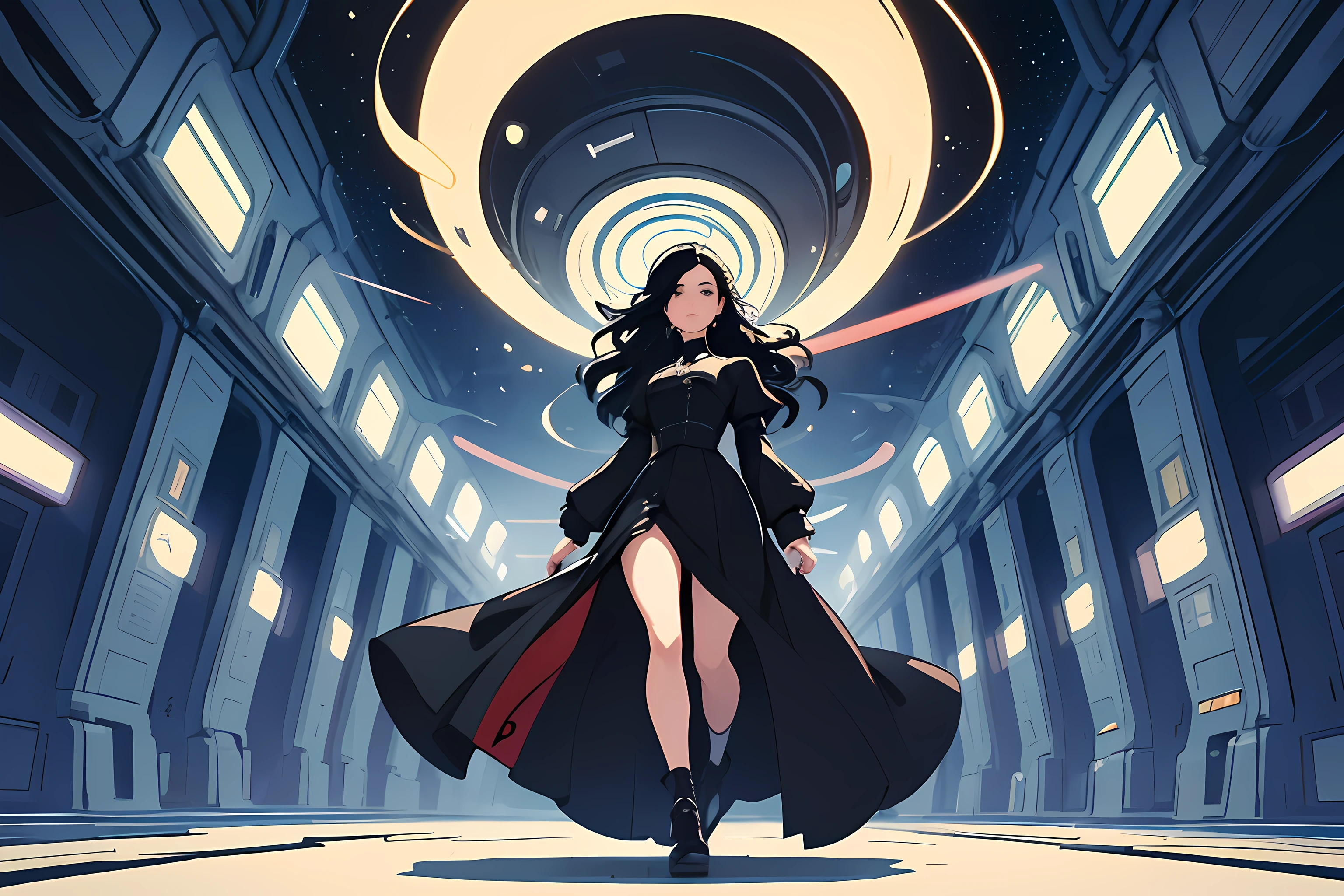 beautiful and asethetic, masterpiece, movie poster, best quality, drawing of a of a wide shot of a friendly long black haired woman with a high collared black long sleeved victorian dress, walking curiously through a sci-fi space station corridor, dynamic pose, abstract, by james jean style, fantastical elements