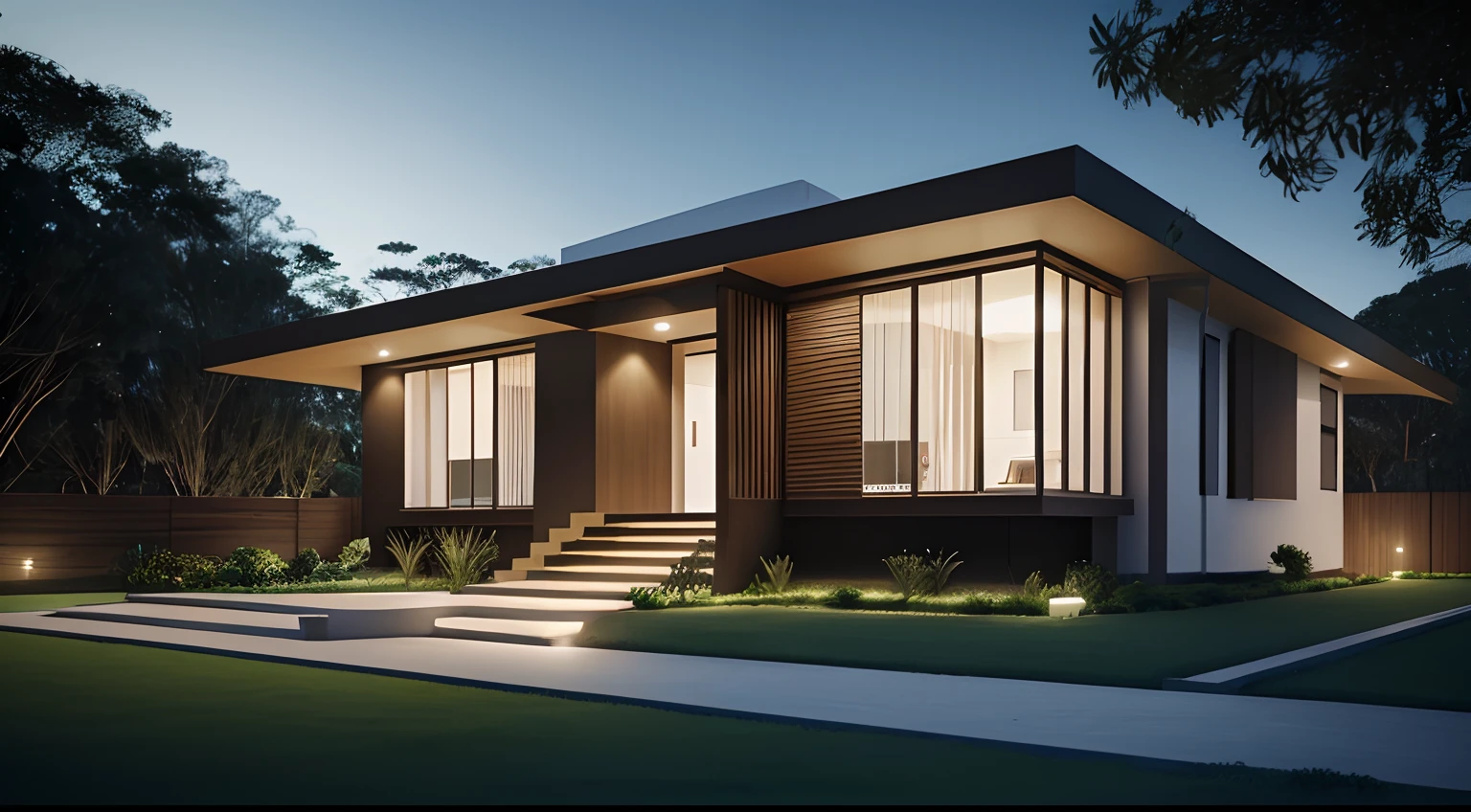 casa grande no meio da floresta,((estilo moderno)) Front view, campo gramado, night ligthning, super detalhada, Lumion Pro rendering, cinematic rendering