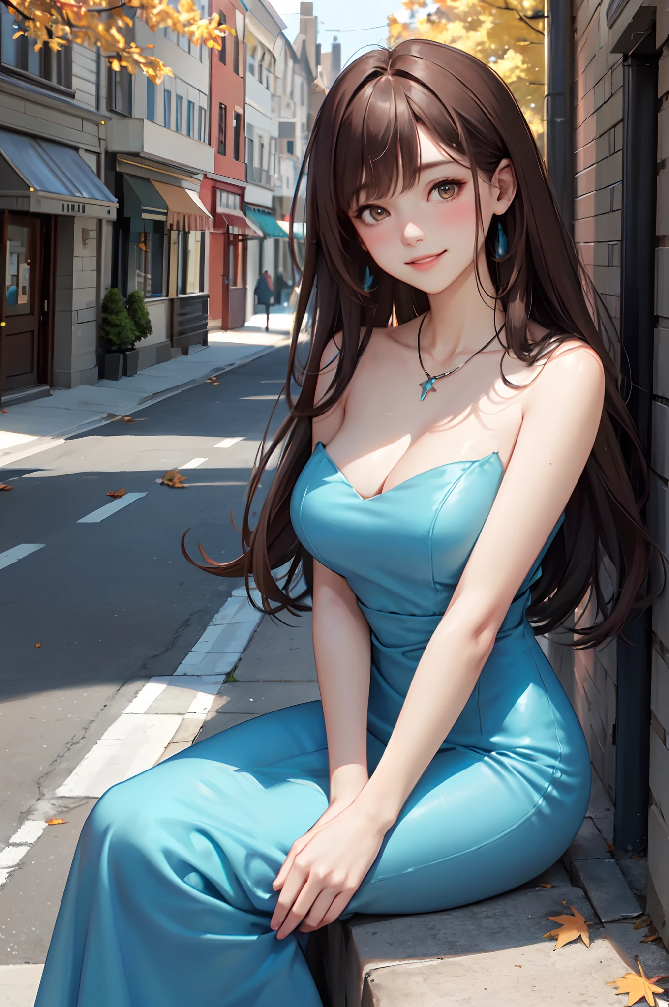 1lady standing, mature female, /(pencil dress/) /(vivid blue dress/) stole necklace, /(brown hair/) bangs, blush kind smile, (masterpiece best quality:1.2) delicate illustration ultra-detailed, large breast, arms down BREAK /(streets of Canada/), maple fallen leaves, detailed background