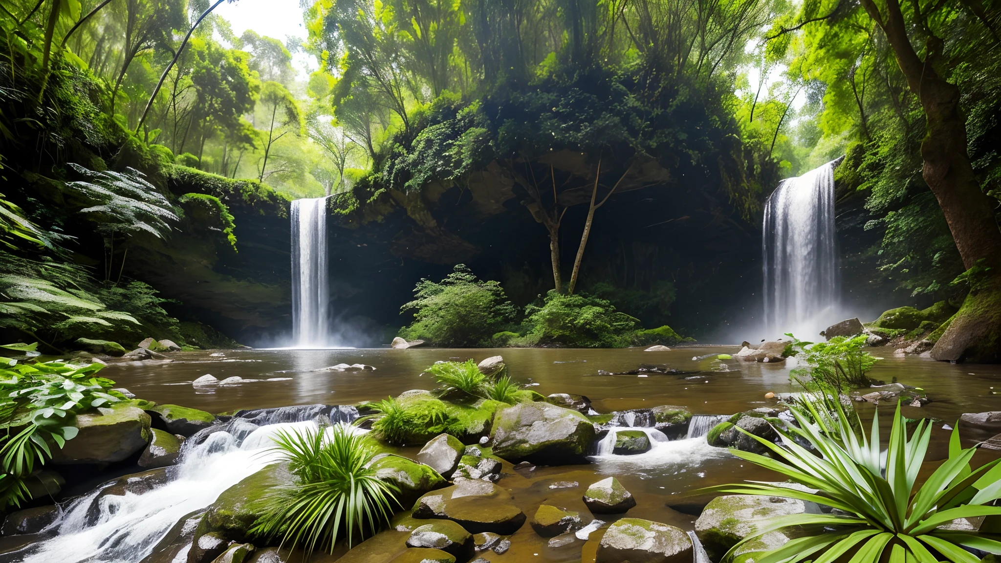 A lush green forest with towering trees and a crystal clear river running through it, with strange new plant and animal species, The trees are unlike any that have ever been seen before, with gnarled branches and leaves of all shapes and sizes, The river is teeming with fish and other aquatic life, all of which are new to science, In the background - a waterfall cascades down a cliff face, surrounded by exotic plants and flowers.