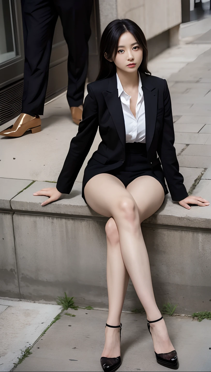 A Japanese Lady、beauitful face、二重まぶた、Big eyes、Black sunglasses、Long Black Hair、Black Suit、Micro shorts、arms in arms、beauty legs、Raw feet、pin heels、tall、model poses、Cross your legs