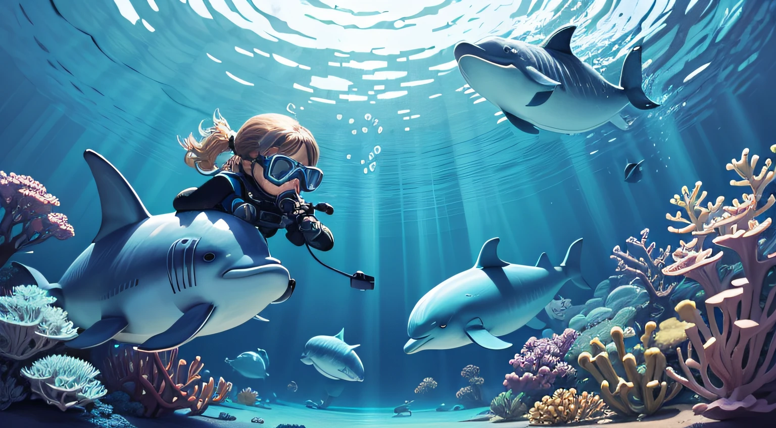 Marine themed illustration,Children with diving goggles,Play with underwater animals,There are dolphins and whales