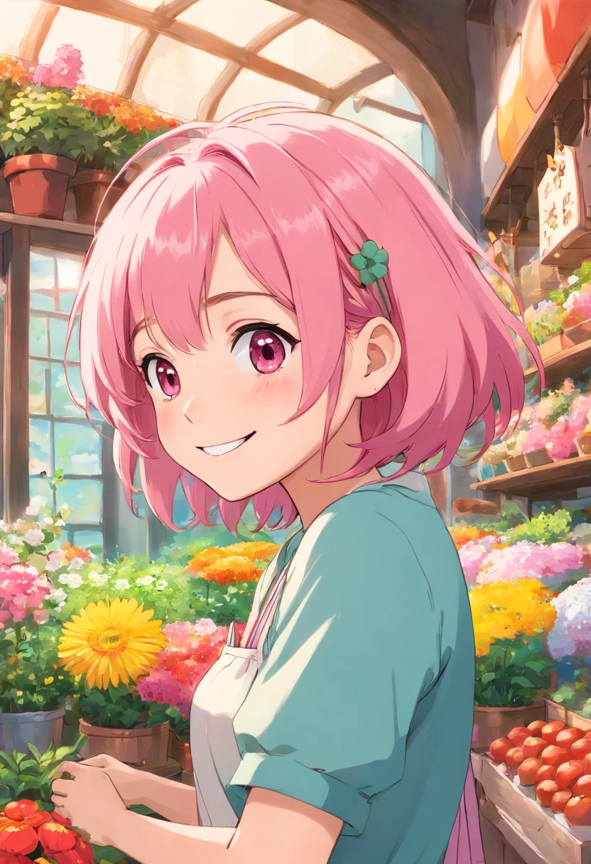 Flower Shop Pink hair friendly cute little 年轻 tits out A smile