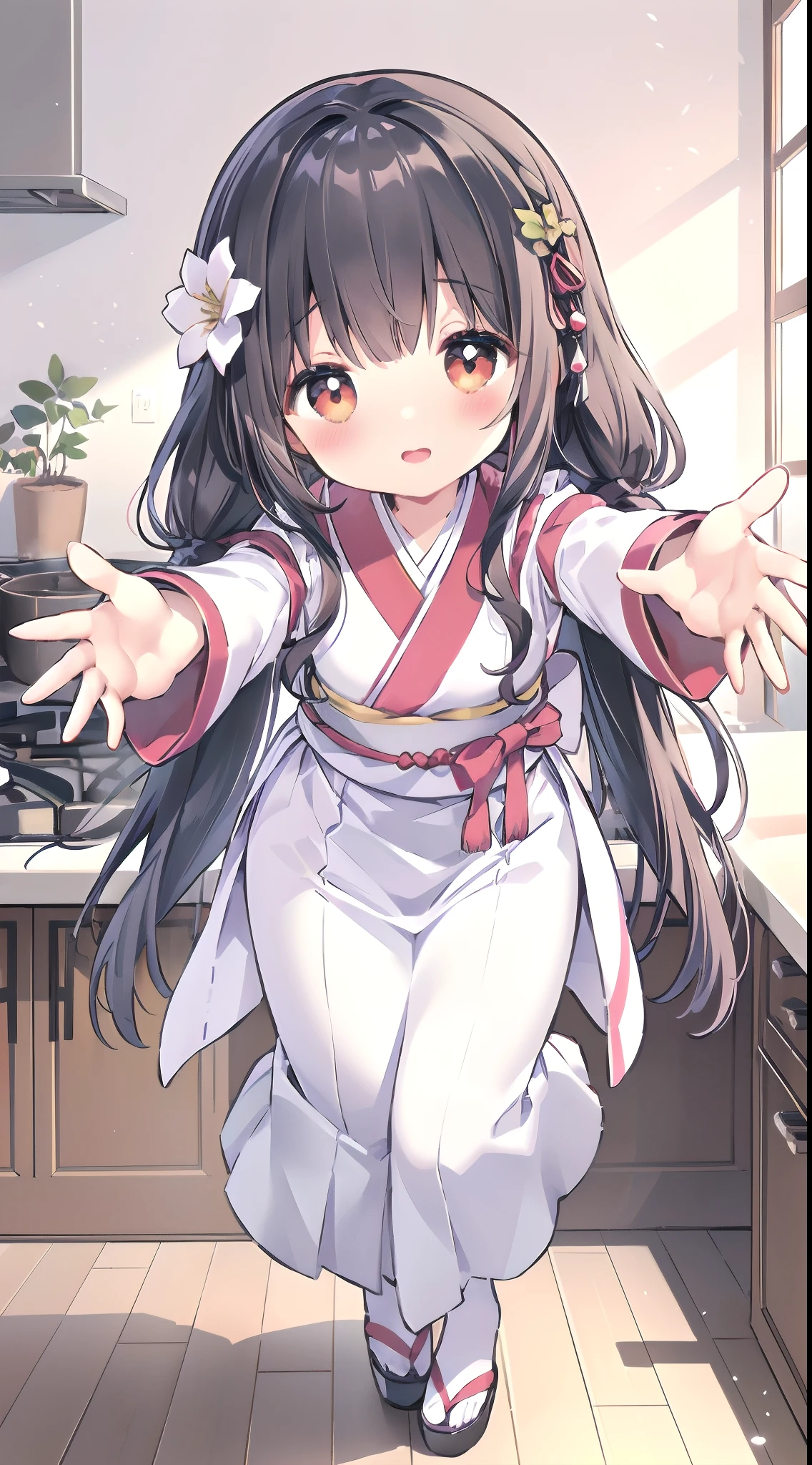(small short figure girl, cute and petite girl little sister aura:1.5), detached sleeve, Married, Japanese bride, Wedding, wedding hakama skirt, yamato nadeshiko, 1girl, solo, outdoor, cute japanese model girl, very long hair, floral print, wedding hair ornament, wedding kimono, hakama, bangs, (in the kitchen, welcome home:1.3), (masterpiece, best quality, HD Pictures, 4K:1.4), gentle look, gentle smile, gentle eyes, mature looking, pinkish cheeks, very detailed eyes, very detailed pupils, very detailed hair, furisode, flower head accesories, from front pov, detailed face, full body, look up to viewer, close up to forehead, leaning forward to viewer, detailed long black hair, (open arms for viewer, want to hug viewer, embrace viewer, blushing red cheeks:1.5)