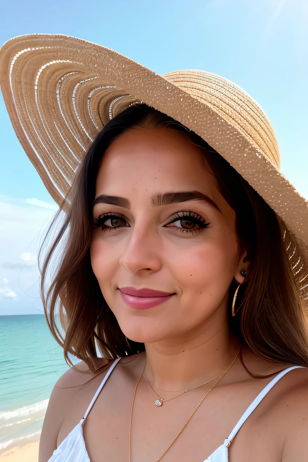 um retrato de uma mulher 57 ano  bonita, (sardas claras, manchas de beleza:1.2), ela tem longos (loiro sujo:1.2) cabelo ondulado, she is wearing a beige sunhat background of the ocean, sun sunset, beijado pelo sol, brilho do sol,