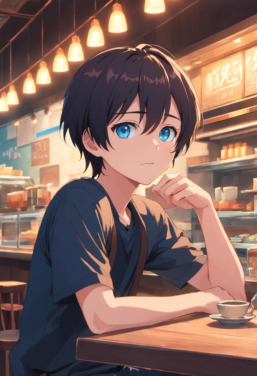 Black shirt，Handsome boy，Cafe，disdainful expression，blue colored eyes