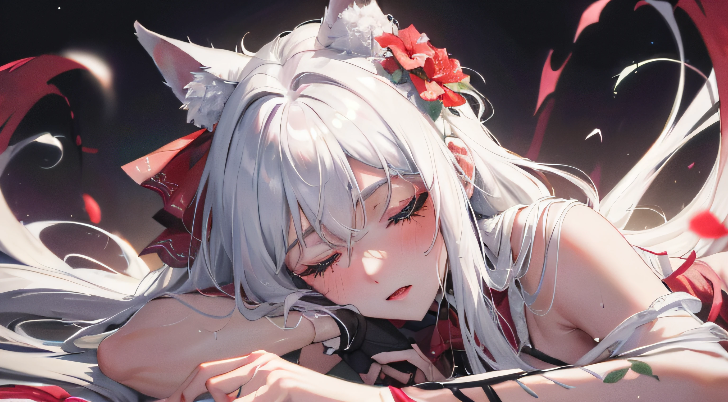 with long coiled hair, flowers in head, Cat ears, Bright pupils, Blush, (Monet:1), anaglyph, Fuji colors, outside border, hyper HD, Masterpiece, ccurate, Textured skin, 4K, Best quality, A high resolution, High quality, hyper HD, Masterpiece, Textured skin, A high resolution, Best quality, High quality, 4K，Rich colors，Raised sexy，semi transparent，sweat leggs，dual horsetail，silvery white hair，Red pupils，Bow knot，(Wolf tail:1)，Dynamic，amaryllis，Yarn，Close your eyes，Charming，Lie down，lay on back，Raised sexy，frontage，Ribbons，Head up