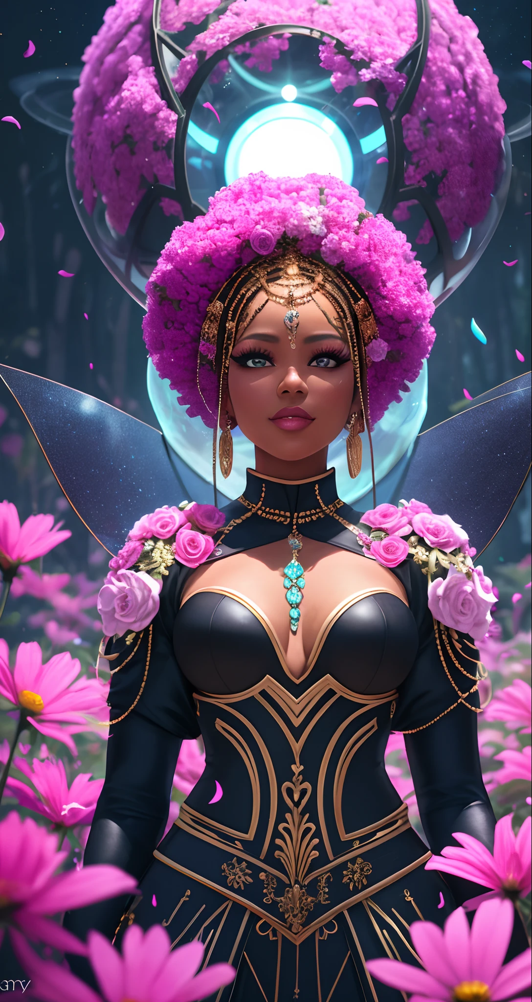 a happy Black man wedding a black woman both wearing futuristic african designed clothes getting married, in a futuristic planet full of mechanised forests and flowers, high-tech sphere drones in the sky shining with beautiful and vibrant light, with iridescent light, photorealistic image, ultra HD, cinematic lighting, art by Bella kotak, cgsociety 9, deviantart, unreal engine rendered, 32k, --auto --s2