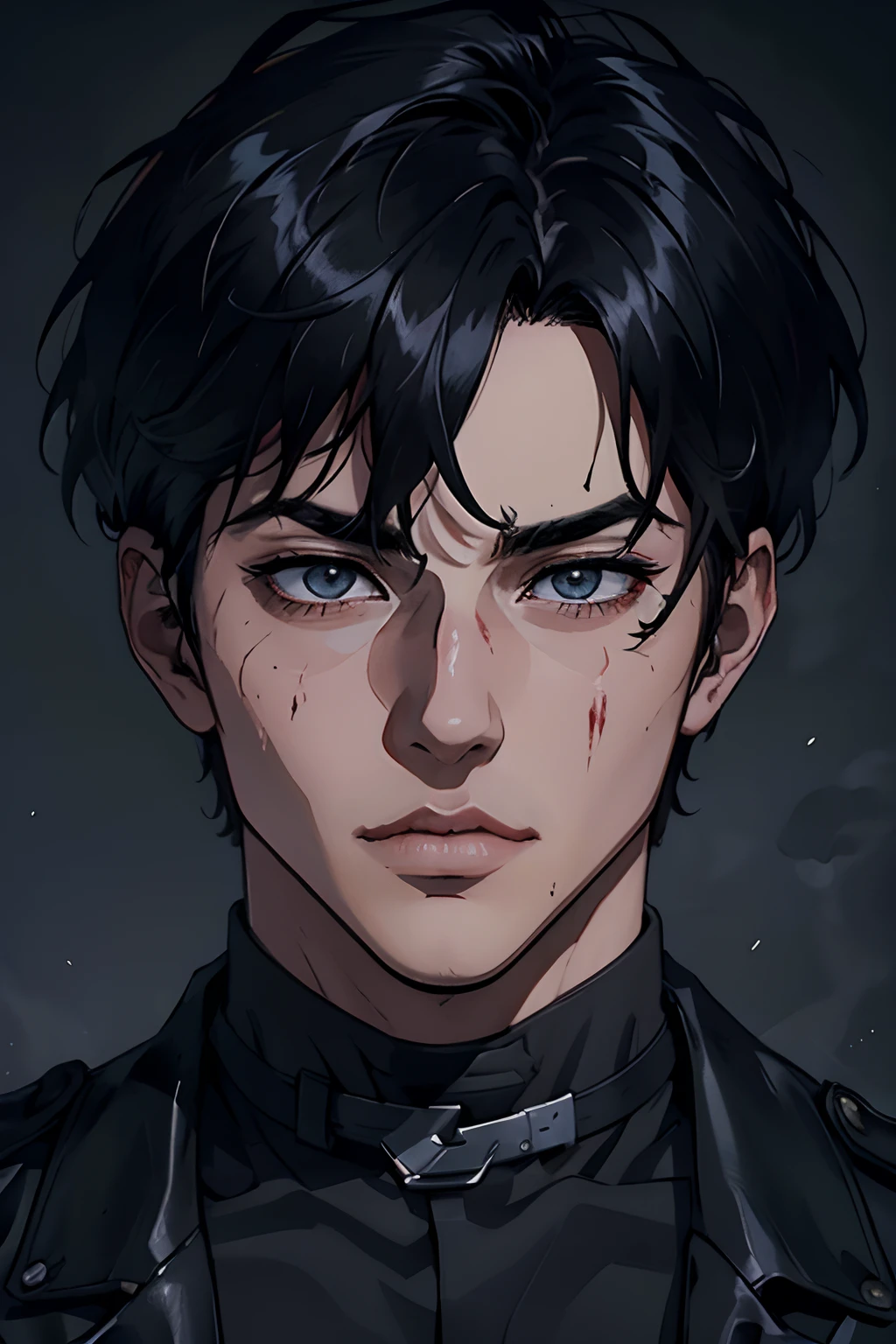 Manhwa Arte Europeo, 25 years old man, Pelo desordenado de la cabecera, Cabello negro azabache, ojos penetrantes, cejas gruesas, Llevar disfraz de vampiro, ojos amarillos, orejas punteagudas, colmillos salientes de su boca, sangre resbalando de su boca, amenazante, sexy, sensual, razor-sharp jawline, mirada penetrante, Cold and mysterious character, 8k, Detailed features, muy guapo