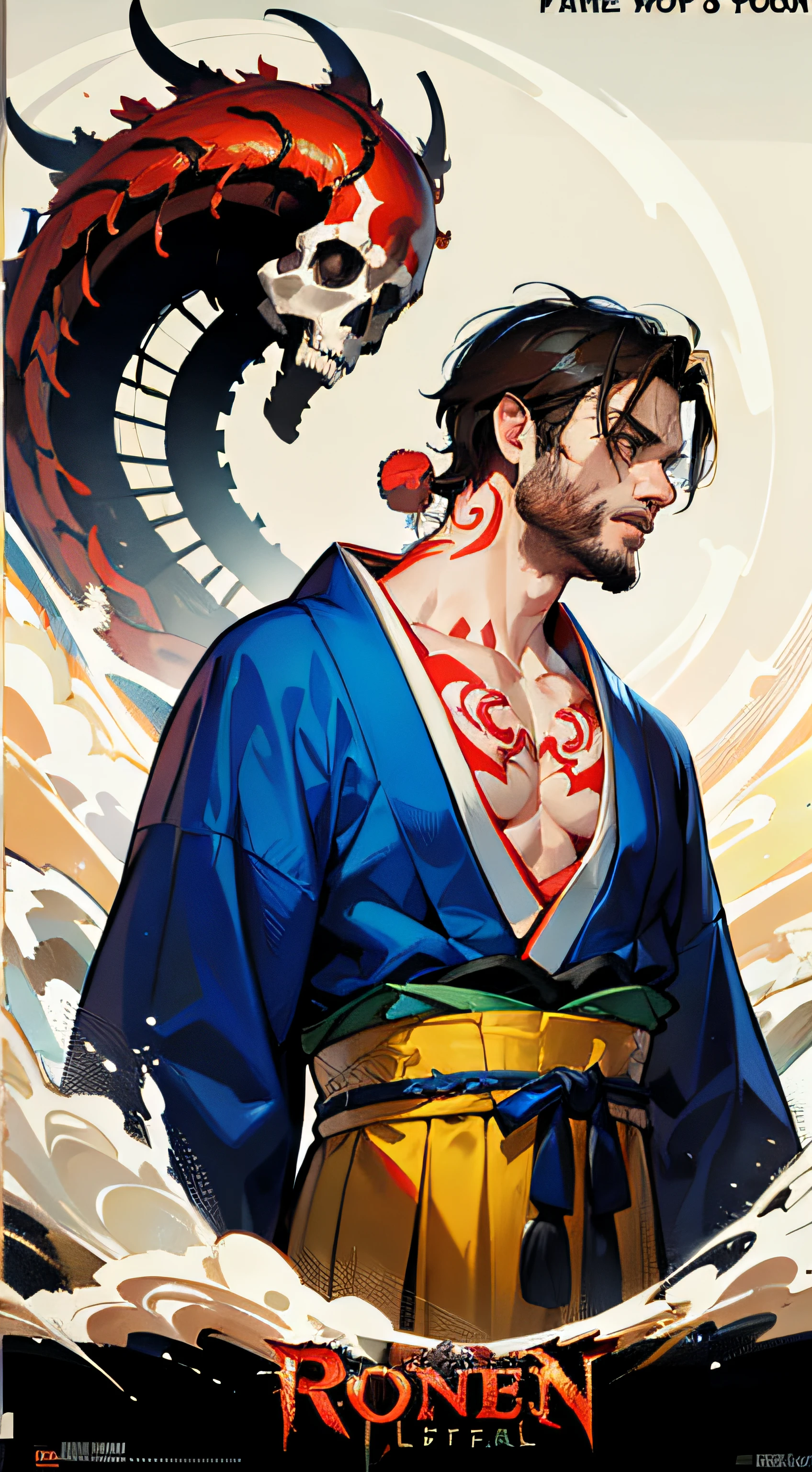 Movie Poster, horror Movies,Movie Based Foundation (((man))), (((masterpiece))), (((AS-Adult))), ((( Japanese ))), zombie ronin, ((( Asian))), katana, rotting flesh, skull, Frank Frazetta, For high-resolution movie posters, hair straight, tribal tattoos, Japan