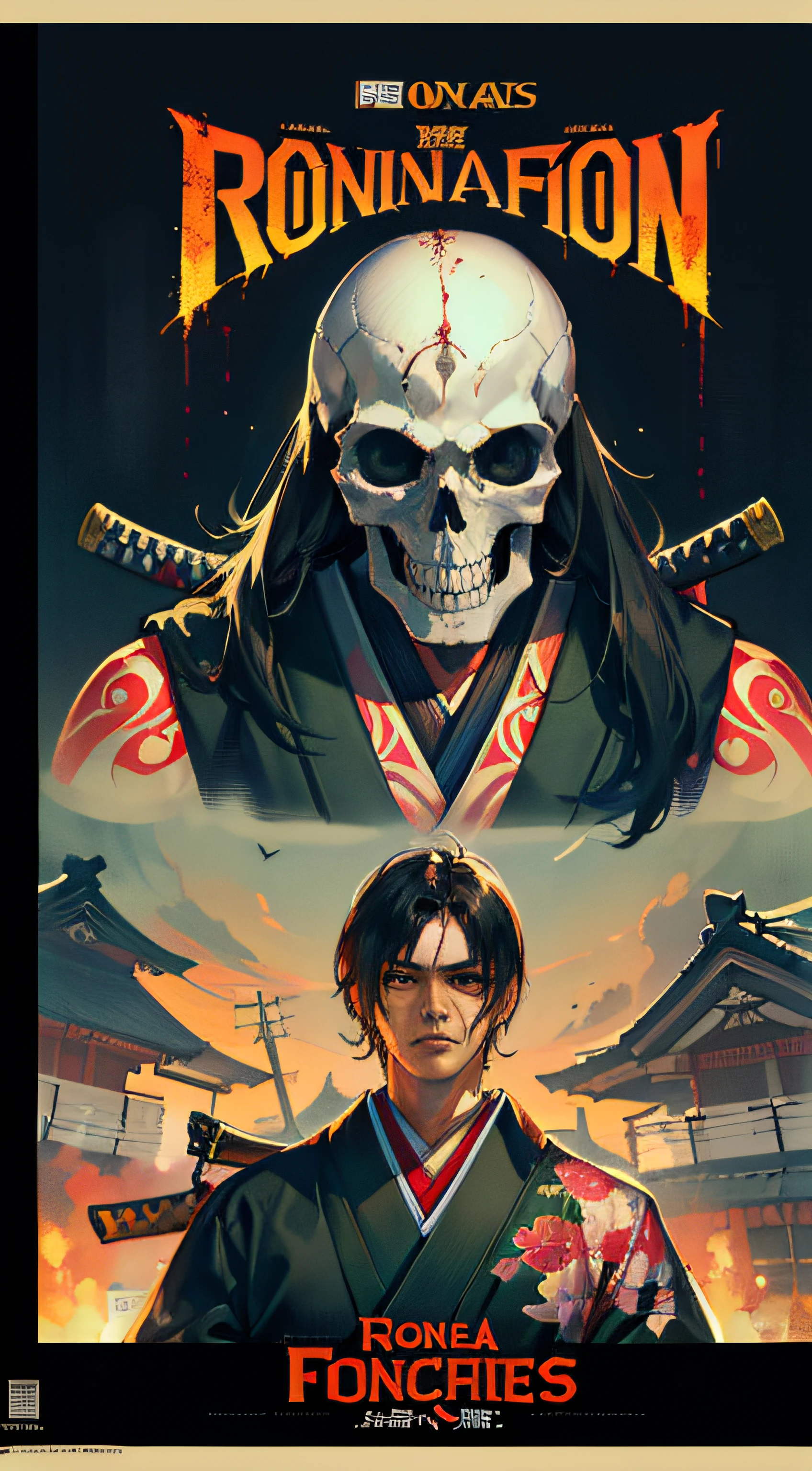 Movie Poster, horror Movies,Movie Based Foundation (((man))),  (((masterpiece))), (((AS-Adult))), ((( Japanese ))), zombie ronin, ((( Asian))), katana, rotting flesh, skull, Frank Frazetta, For high-resolution movie posters, hair straight, tribal tattoos, Japan