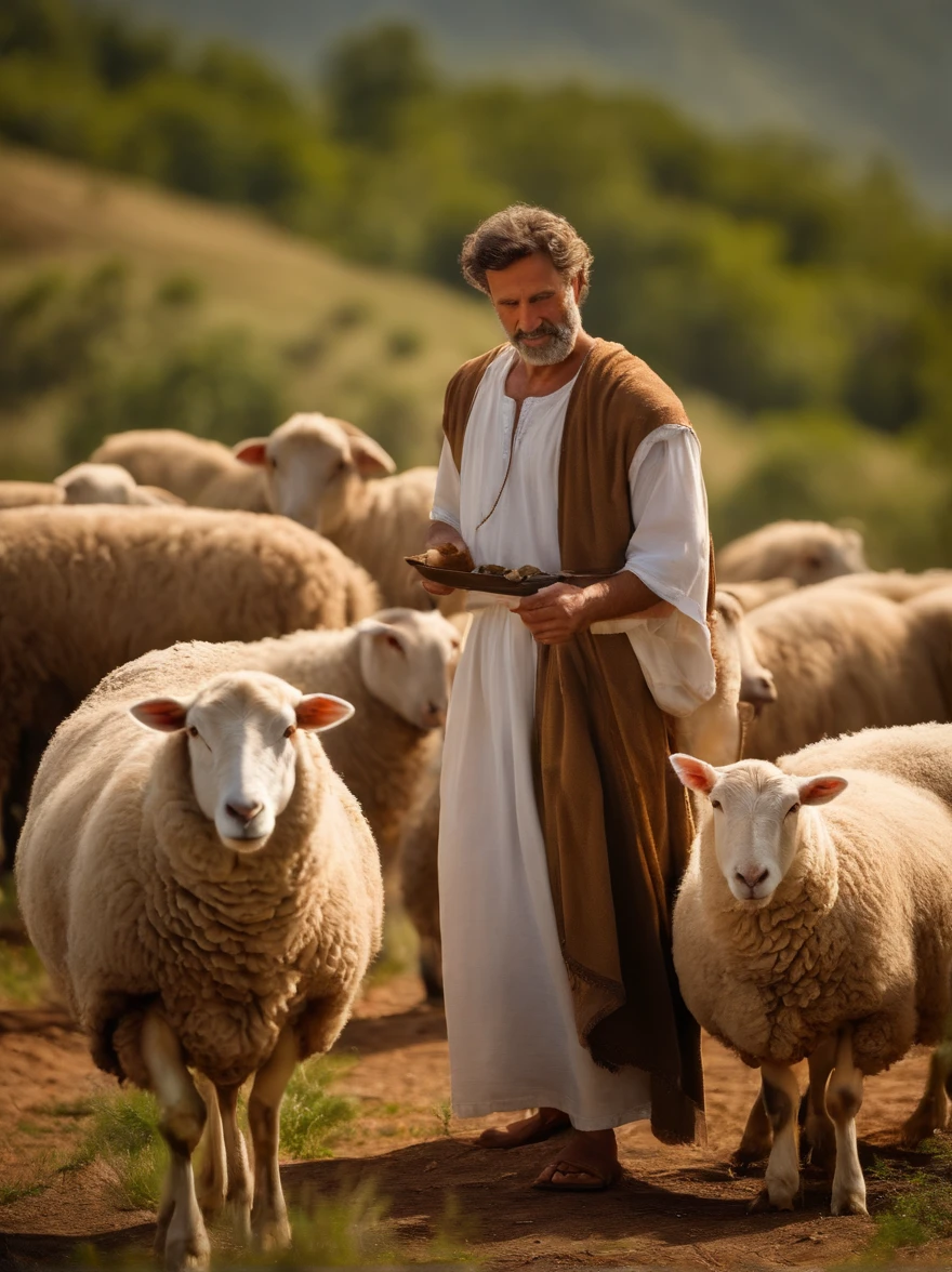 (Biblical times) David Bible Tending the Sheep: Crie uma cena de Davi como pastor de ovelhas, com um rebanho no campo e ele cuidando carinhosamente delas.
 (personagem biblico) Povos judeus, His gaze is charged with hope, is looking to the right of the image, profundidade de campos, Bokeh, Realismo de Hentail, fotorrealista, Realismo ultrarrealista, Fotografado profissional, 8k UHD , Digital SLR, HDR , Primary tablet, melhor qualidade, filme granular, Pinturas fotorrealistas, Fujifilm XT3