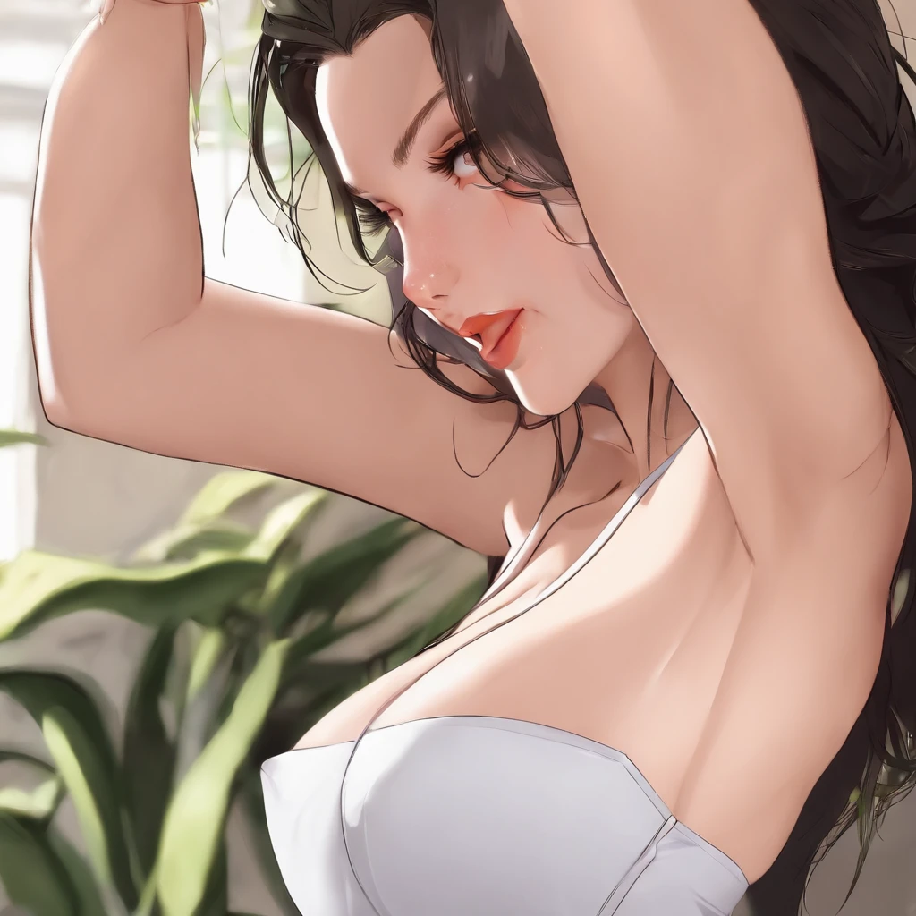 Cleavage, (blushing face:1.4), (sweaty:1.4), tongue out, grabbing breasts , cum on face , Boobjob
